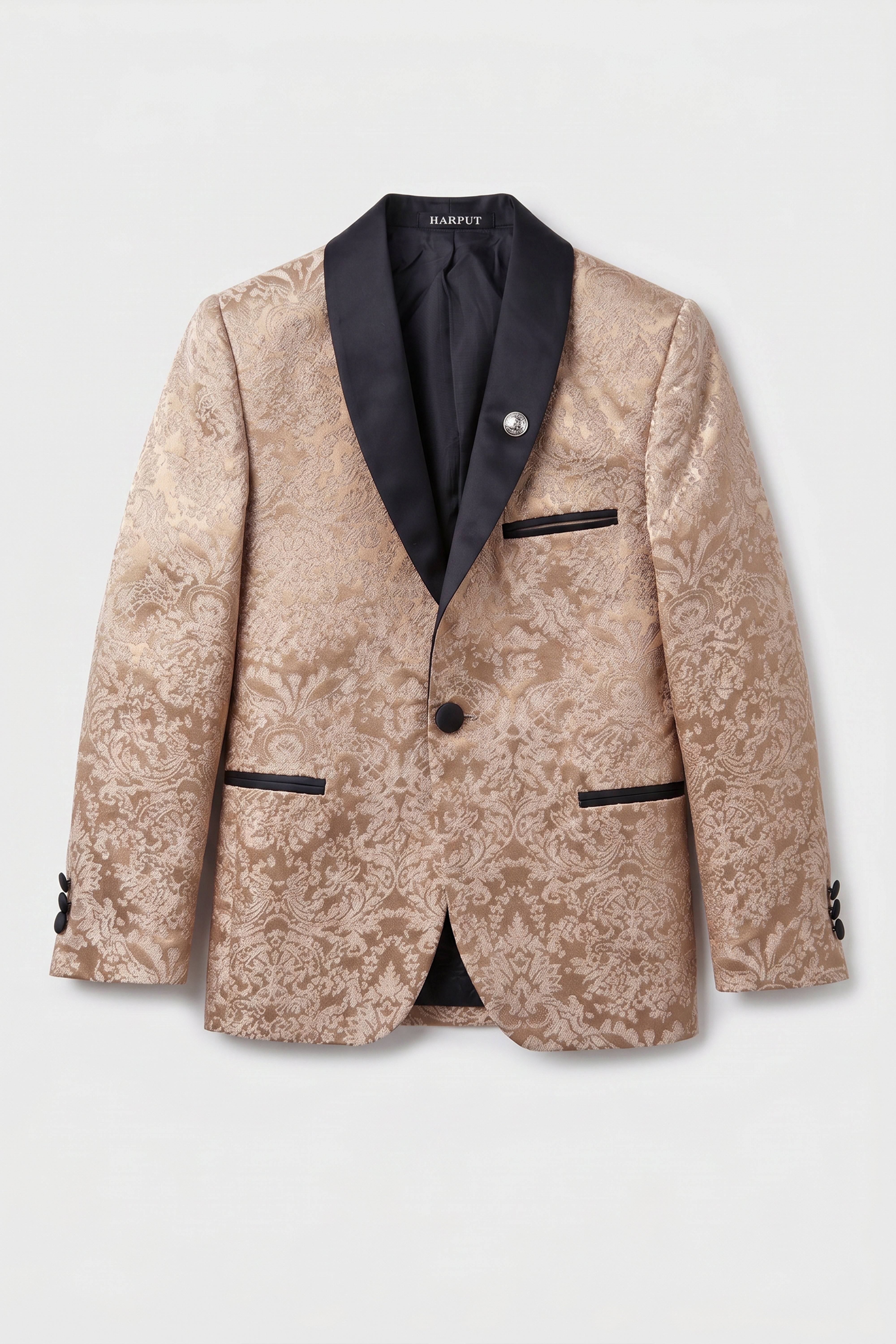 Boys 5-Piece Floral Jacquard Tuxedo Suit with Double Breasted Waistcoat - Gold