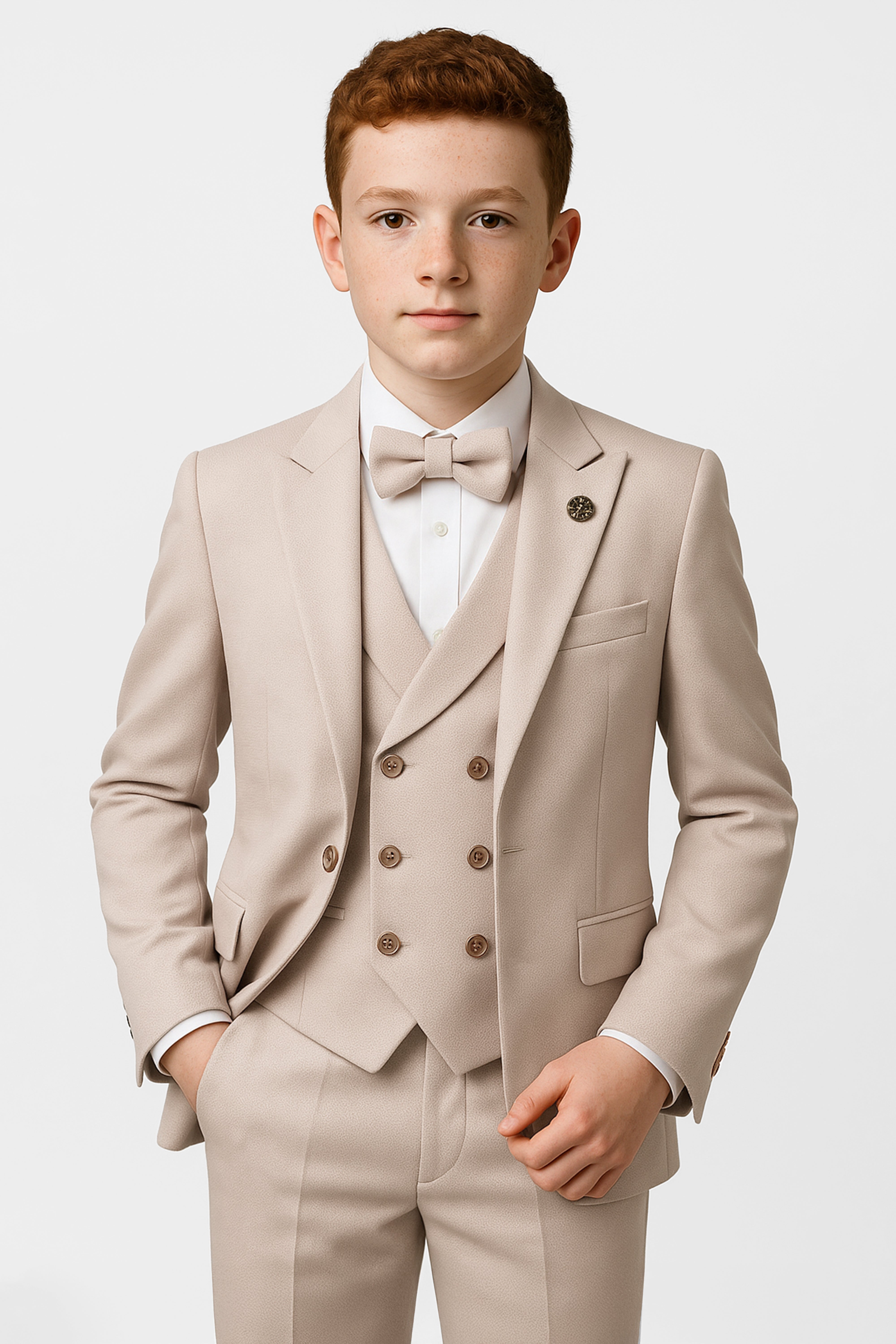 Boys 5-Piece Formal Prom Suit with Double Breasted Waistcoat - Beige Model Picture