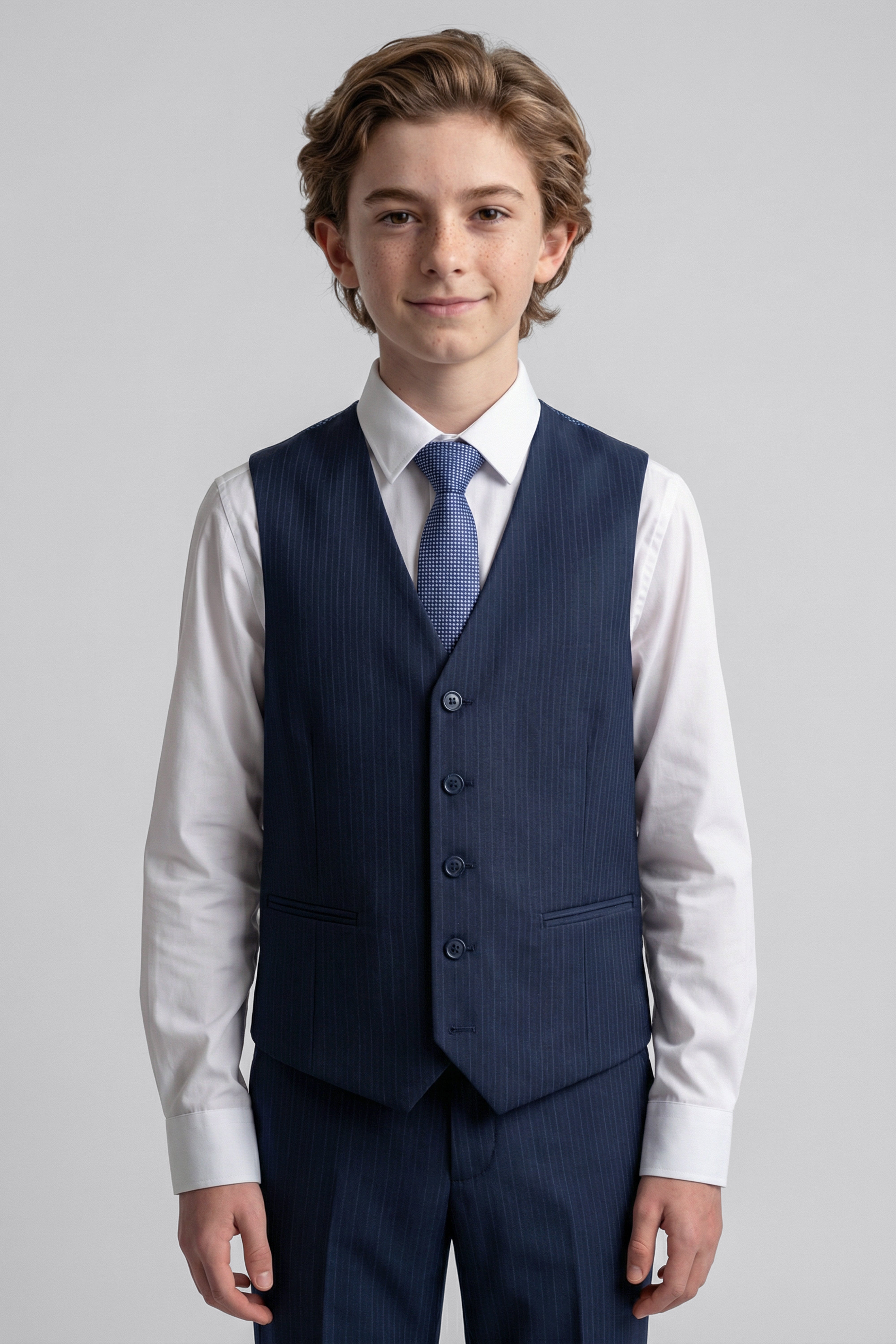 Boys 5-Piece Herringbone Pinstripe Suit - Dawson - Navy Blue