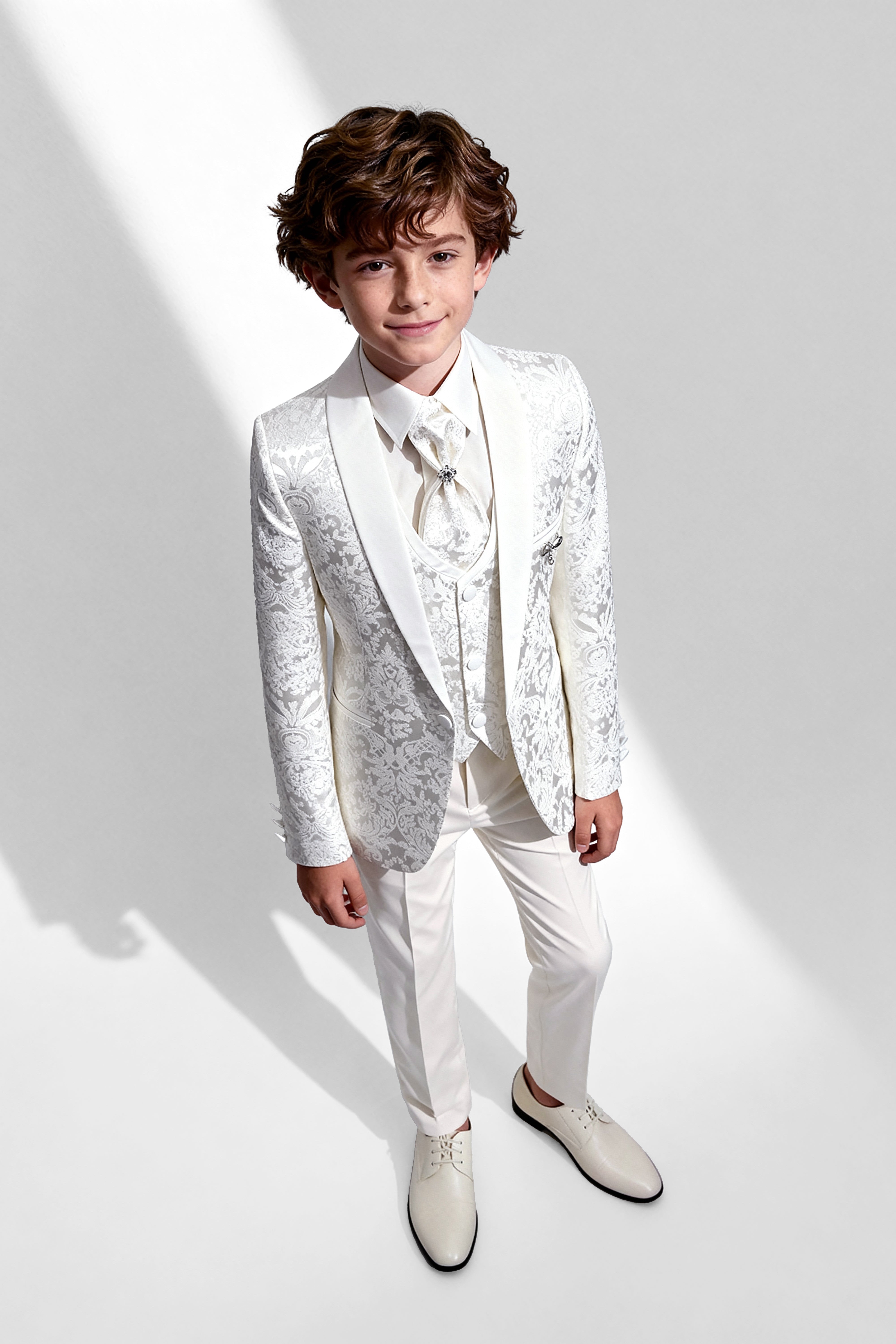 Boys 5-Piece Paisley Jacquard Communion Tuxedo Suit  - Ivory Front Picture
