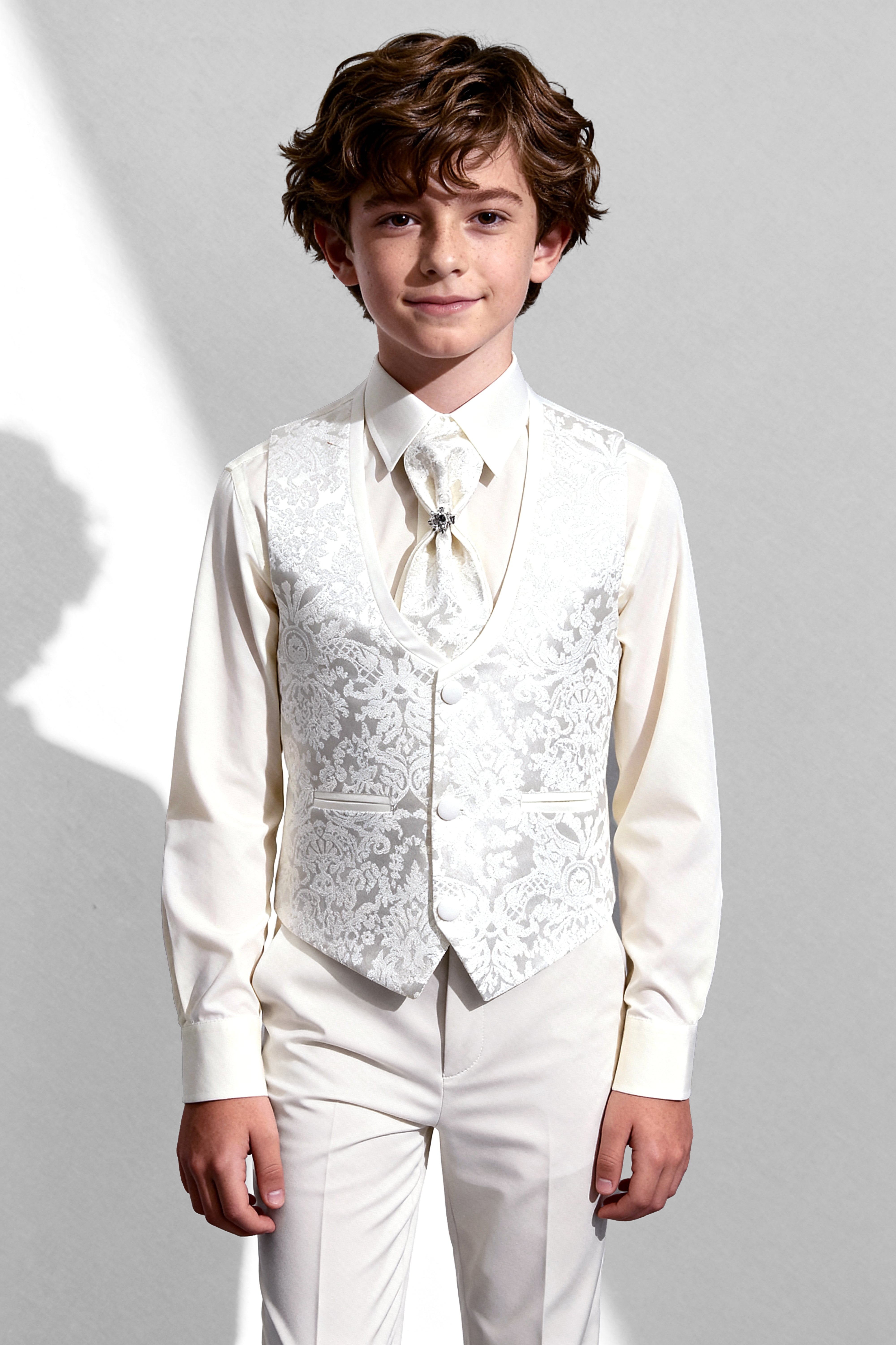 Boys 5-Piece Paisley Jacquard Communion Tuxedo Suit  - Ivory
