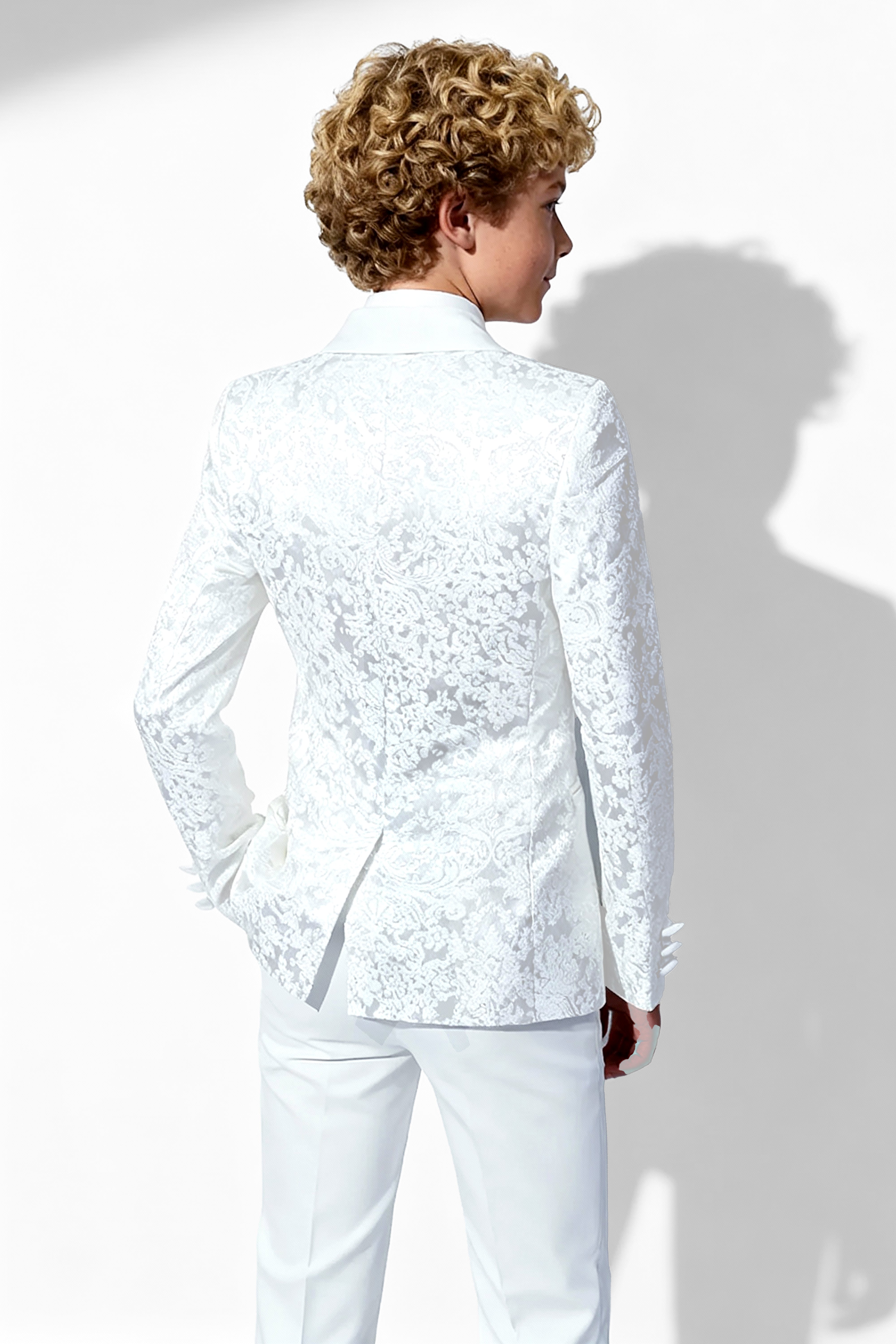 Boys 5-Piece Paisley Jacquard Communion Tuxedo Suit - White Front Picture Back Picture