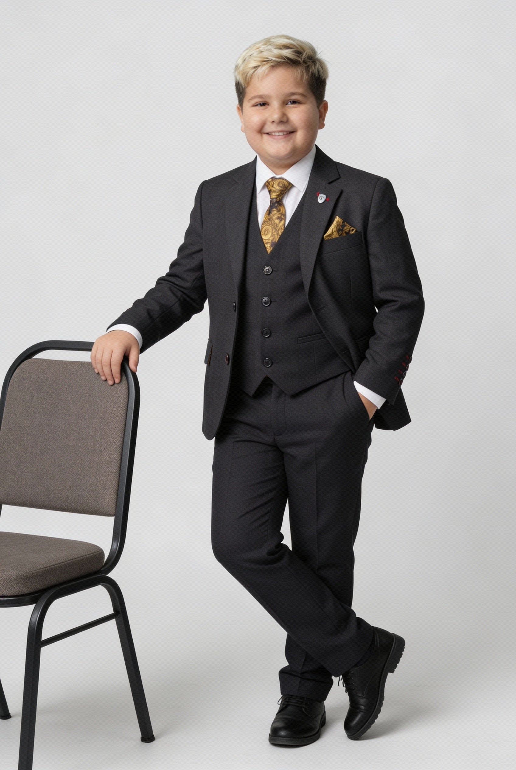 Boys 5-Piece Tailored Fit Twill Suit - Jeremy - Black