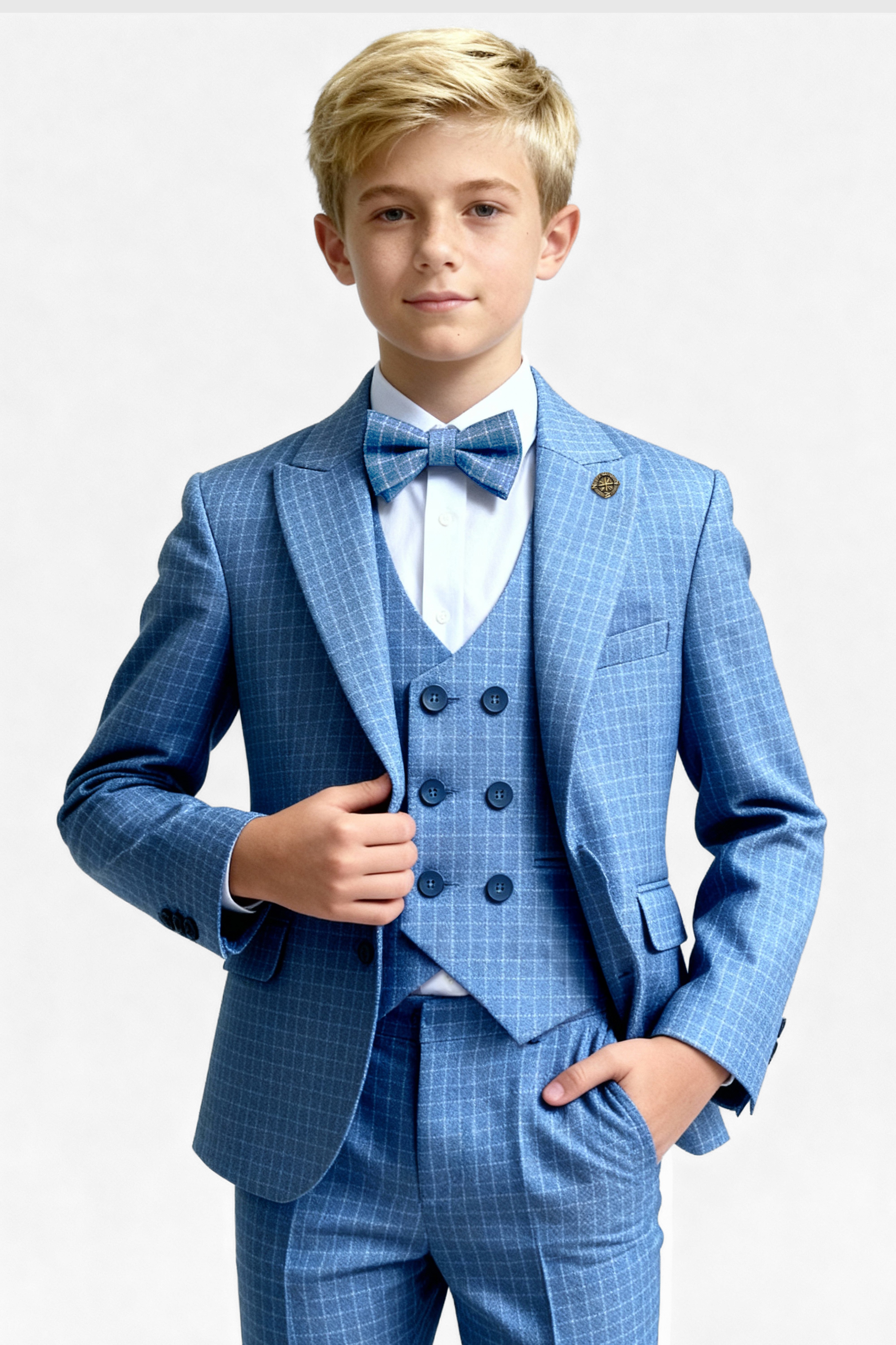 Boys 5-Piece Textured Micro Check Suit - KARELI - Blue