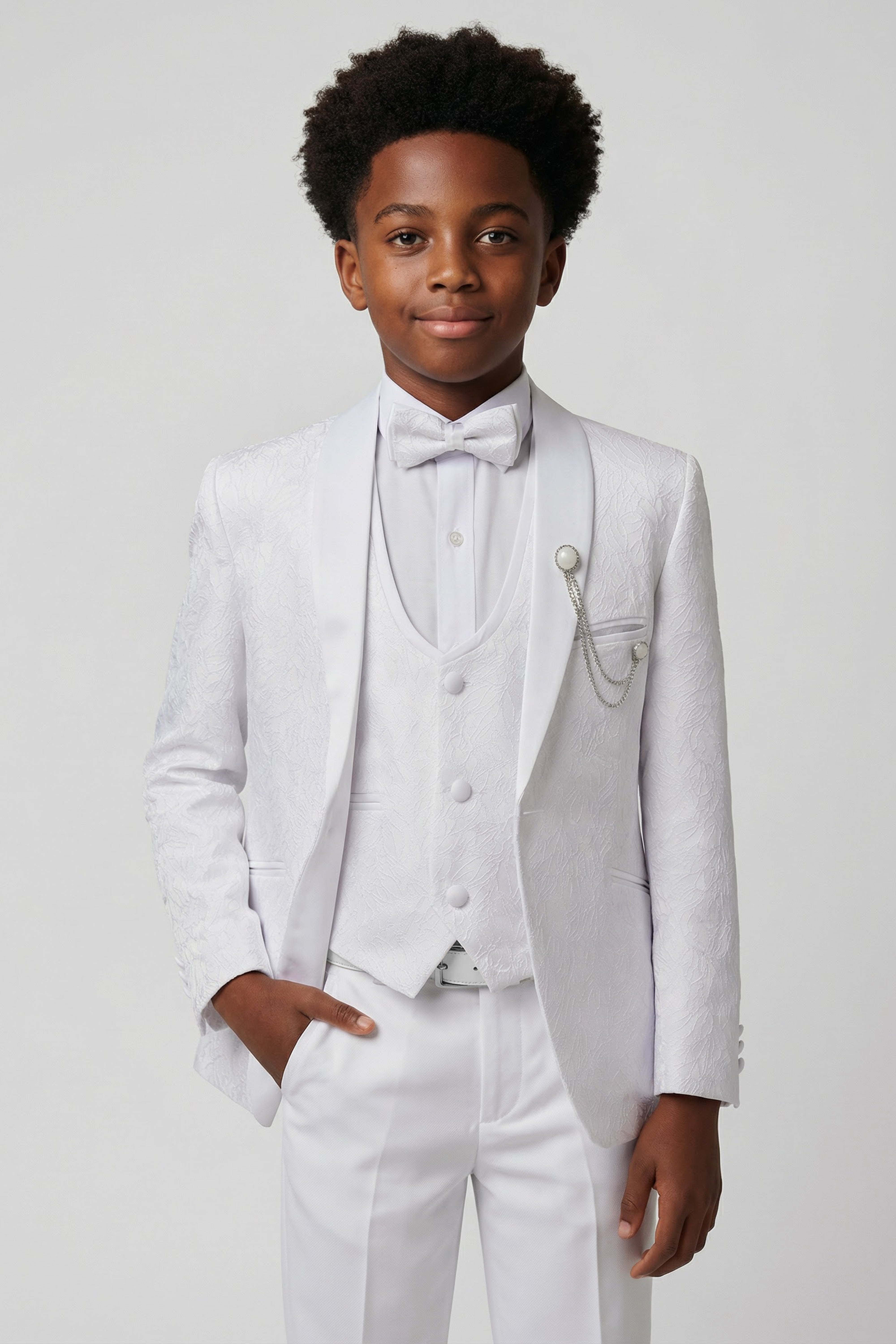 Boys’ 5 Piece White Floral Textured Communion Tuxedo Suit - White