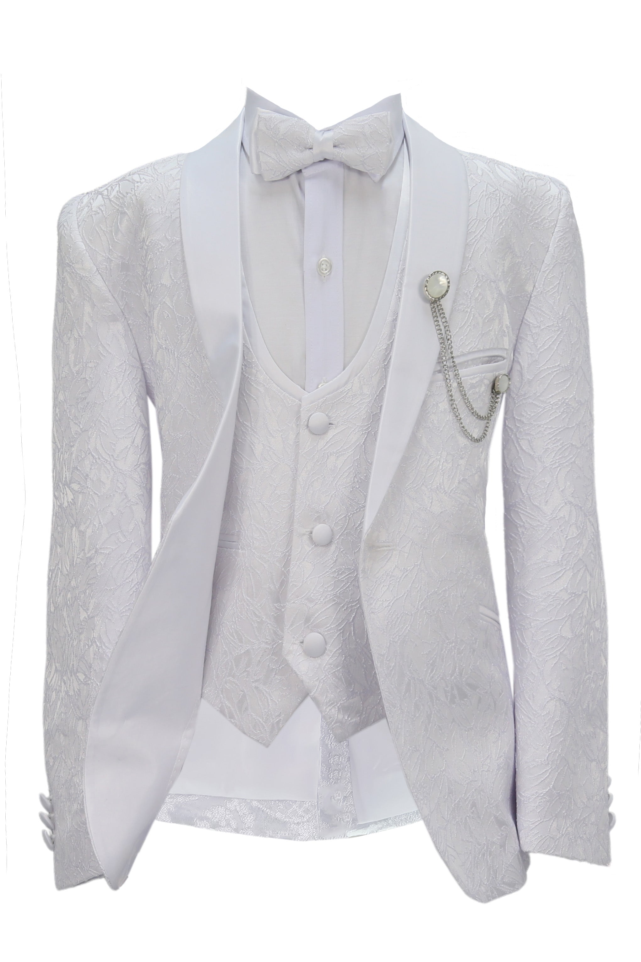 Boys’ 5 Piece White Floral Textured Communion Tuxedo Suit - White Front Open Picture