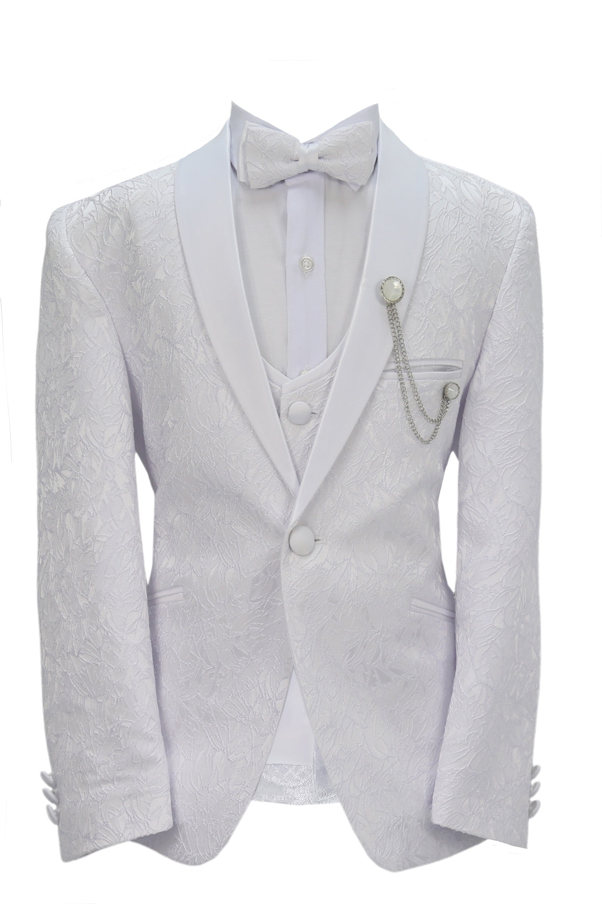 Boys’ 5 Piece White Floral Textured Communion Tuxedo Suit - White Front Picture