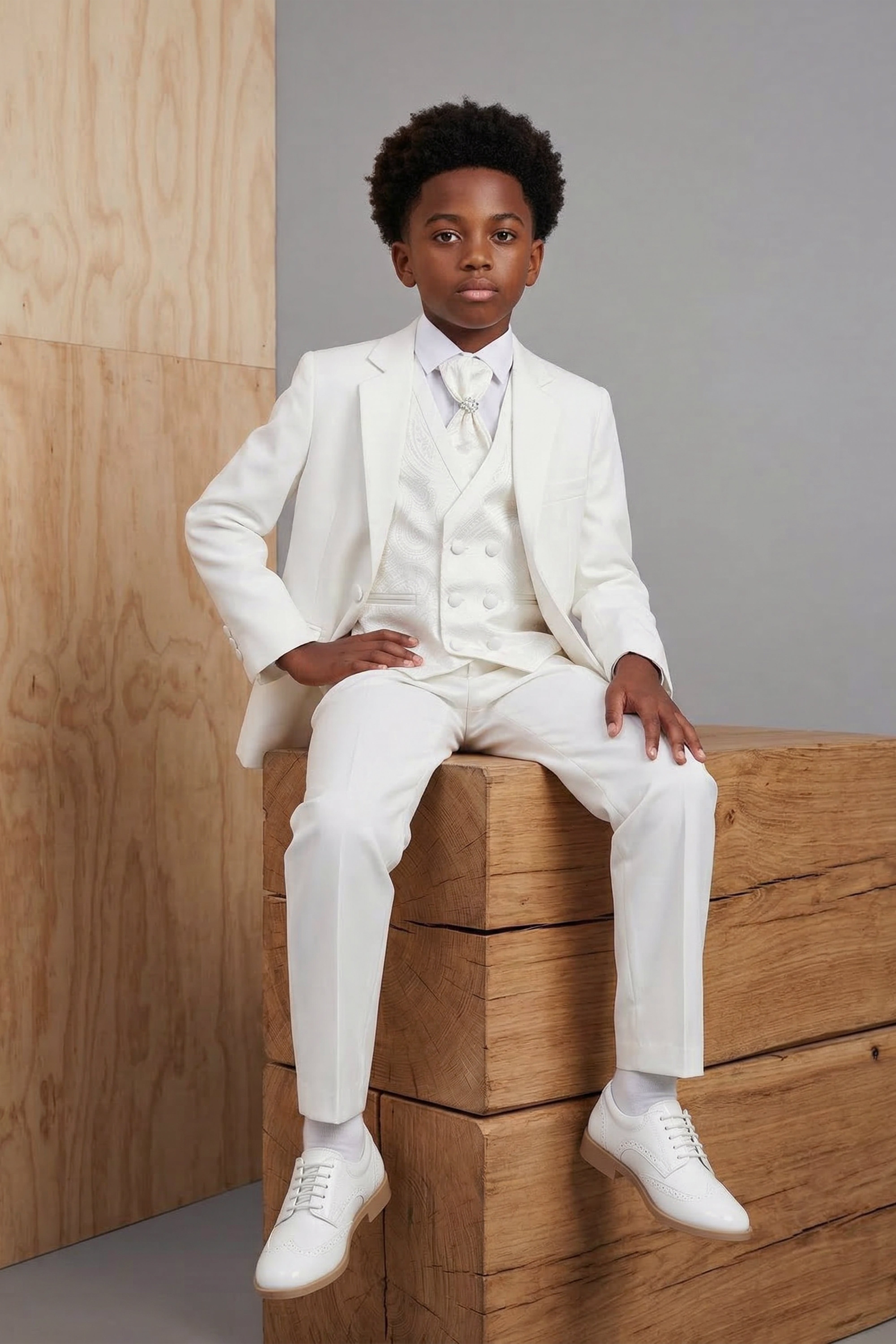 Boys 5 PC Ivory Suit Set, with Double-breasted Vest - Ivory Life Style Picture