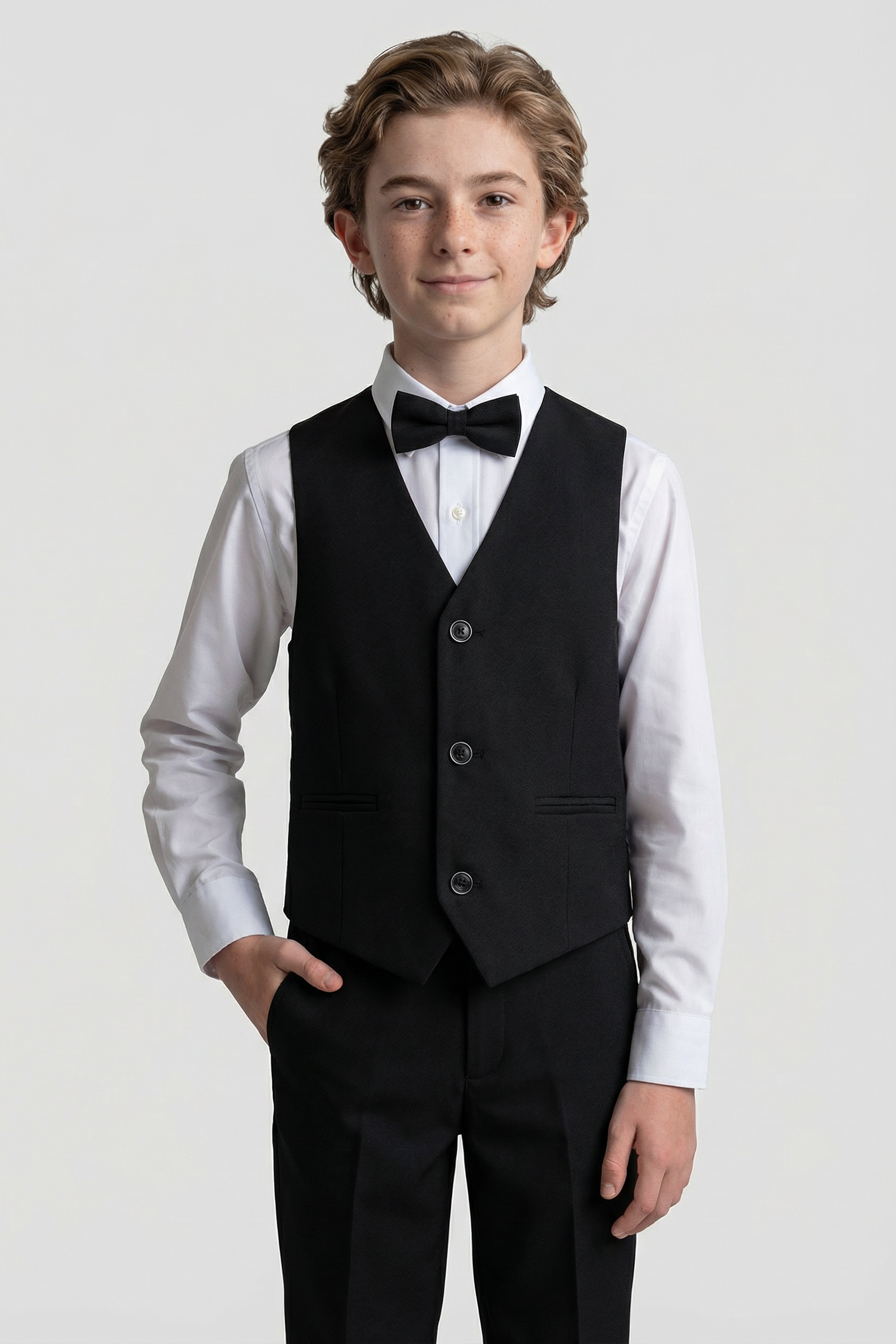 Boys’ 6-Piece Formal Ottoman Suit with Mandarin Collar  - Black Waistcoat Front Picture