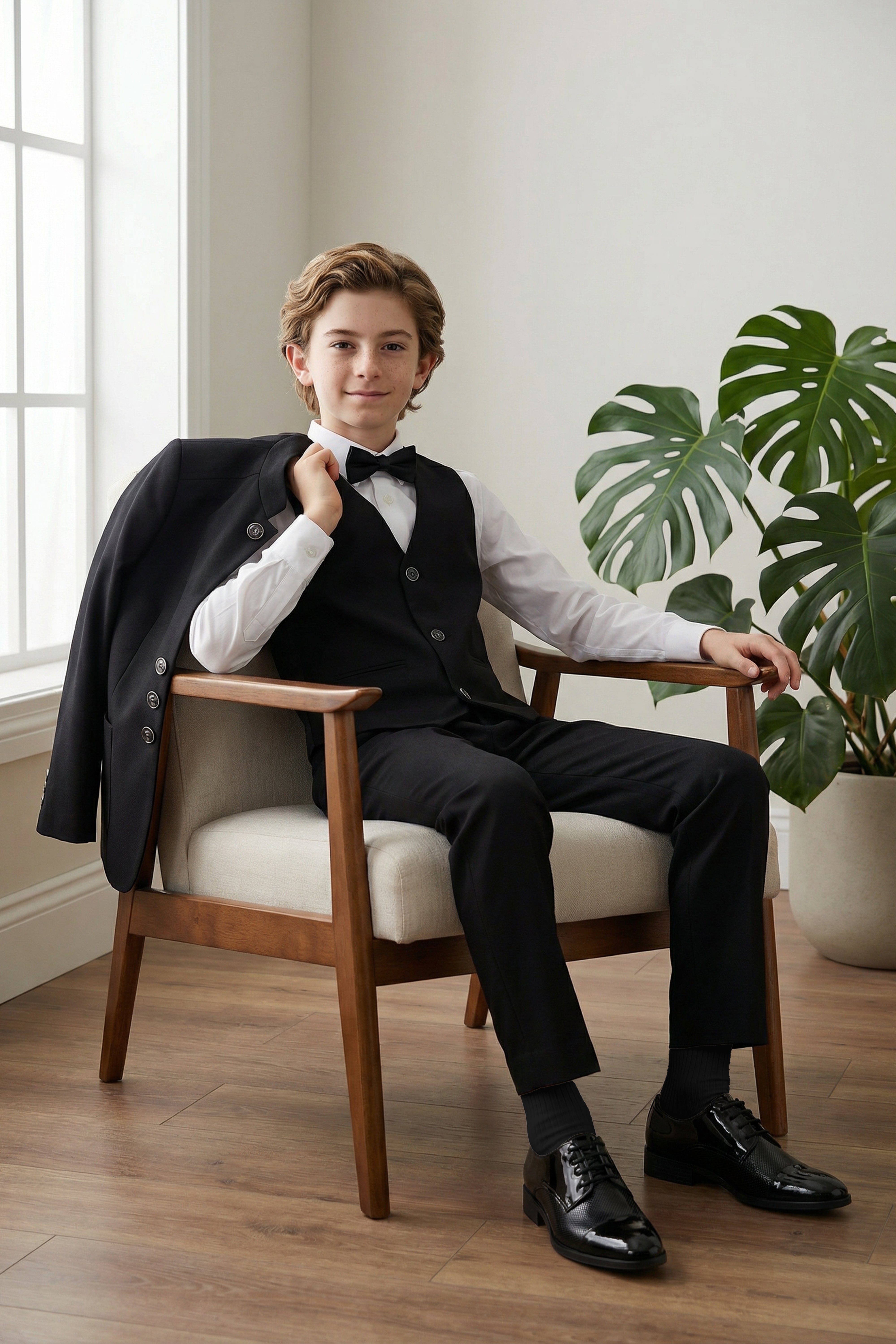 Boys’ 6-Piece Formal Ottoman Suit with Mandarin Collar  - Black Waistcoat Front Picture