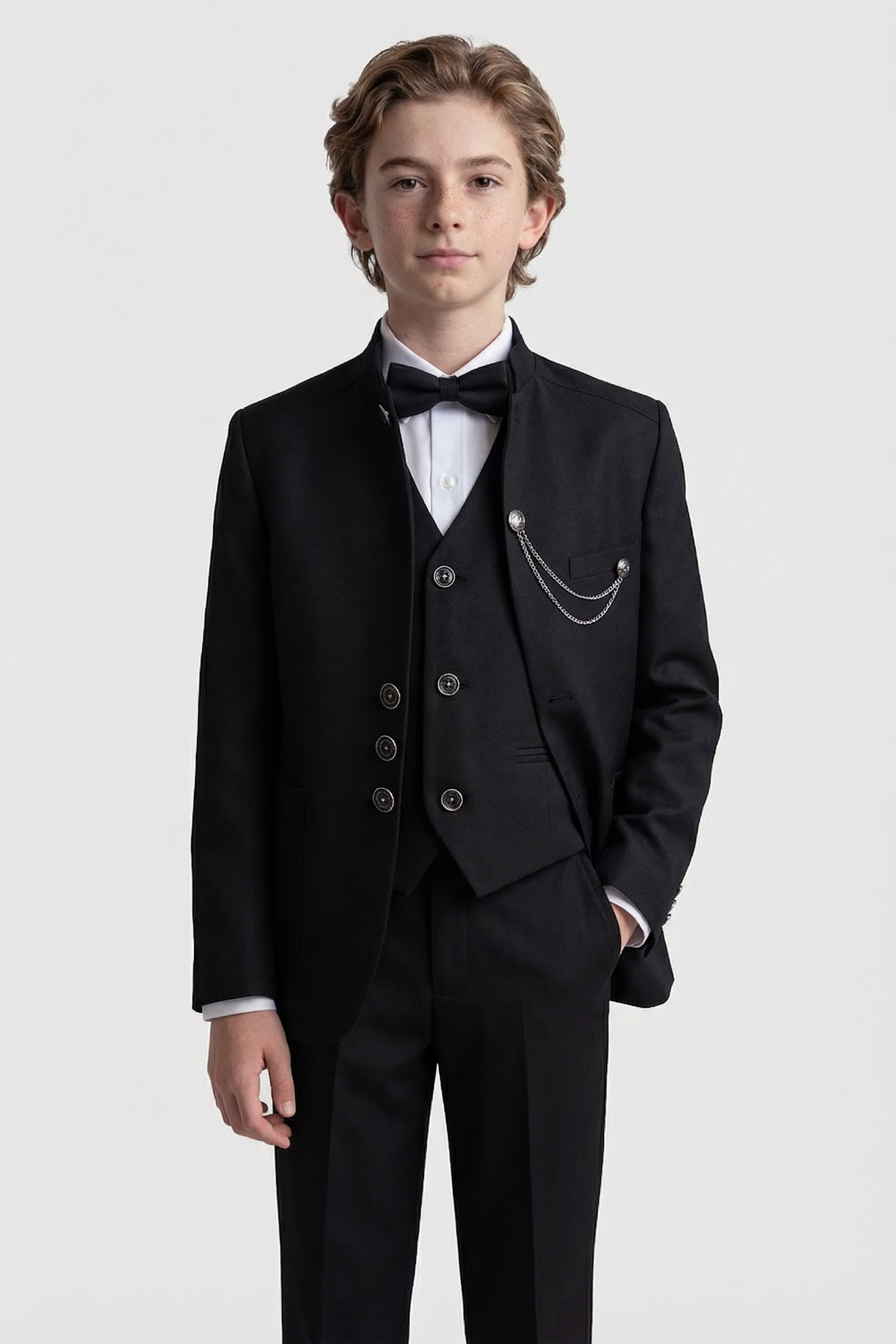 Boys’ 6-Piece Formal Ottoman Suit with Mandarin Collar  - Black Model Picture