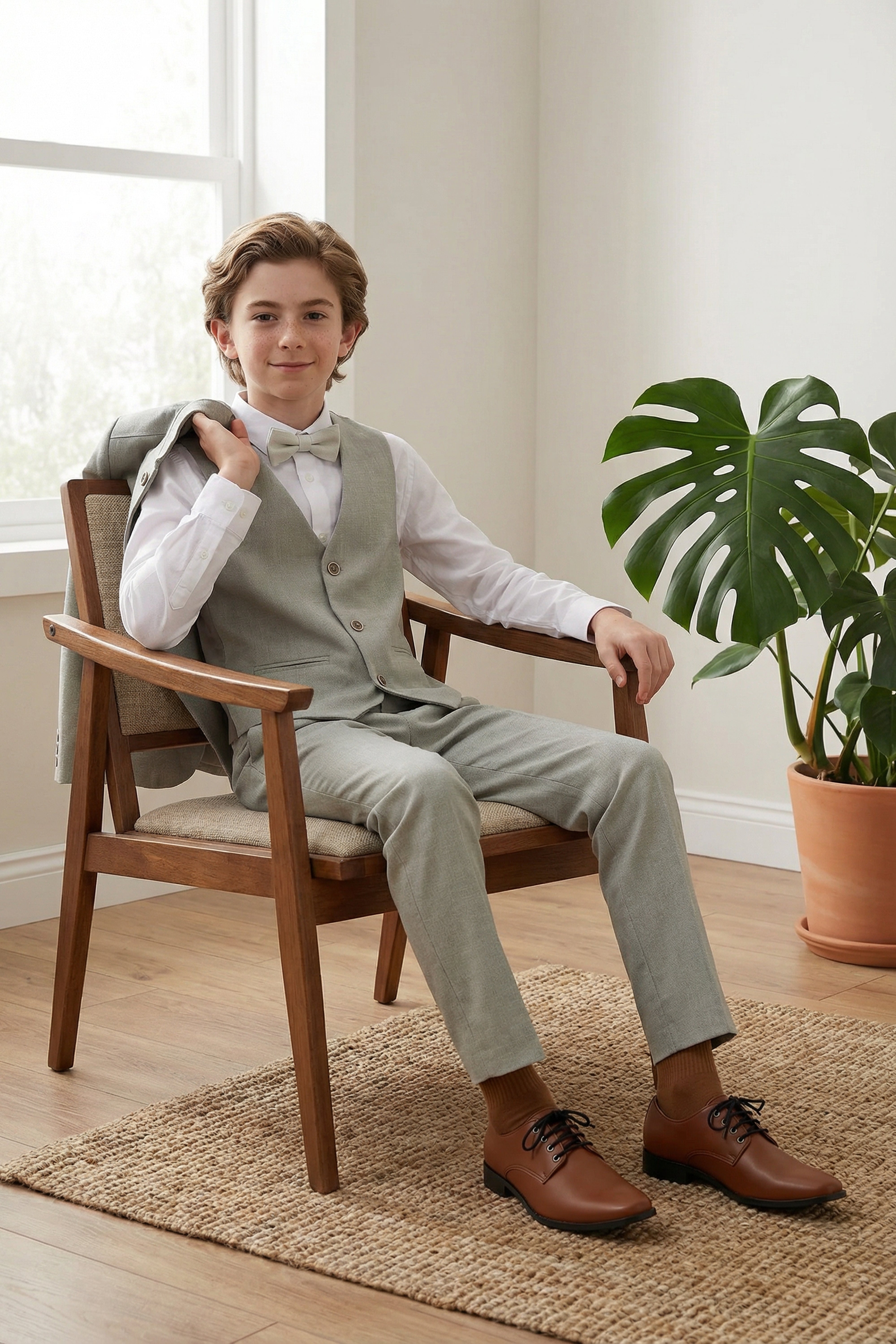 Boys’ 6-Piece Formal Ottoman Suit with Mandarin Collar  - Green Model Front Picture
