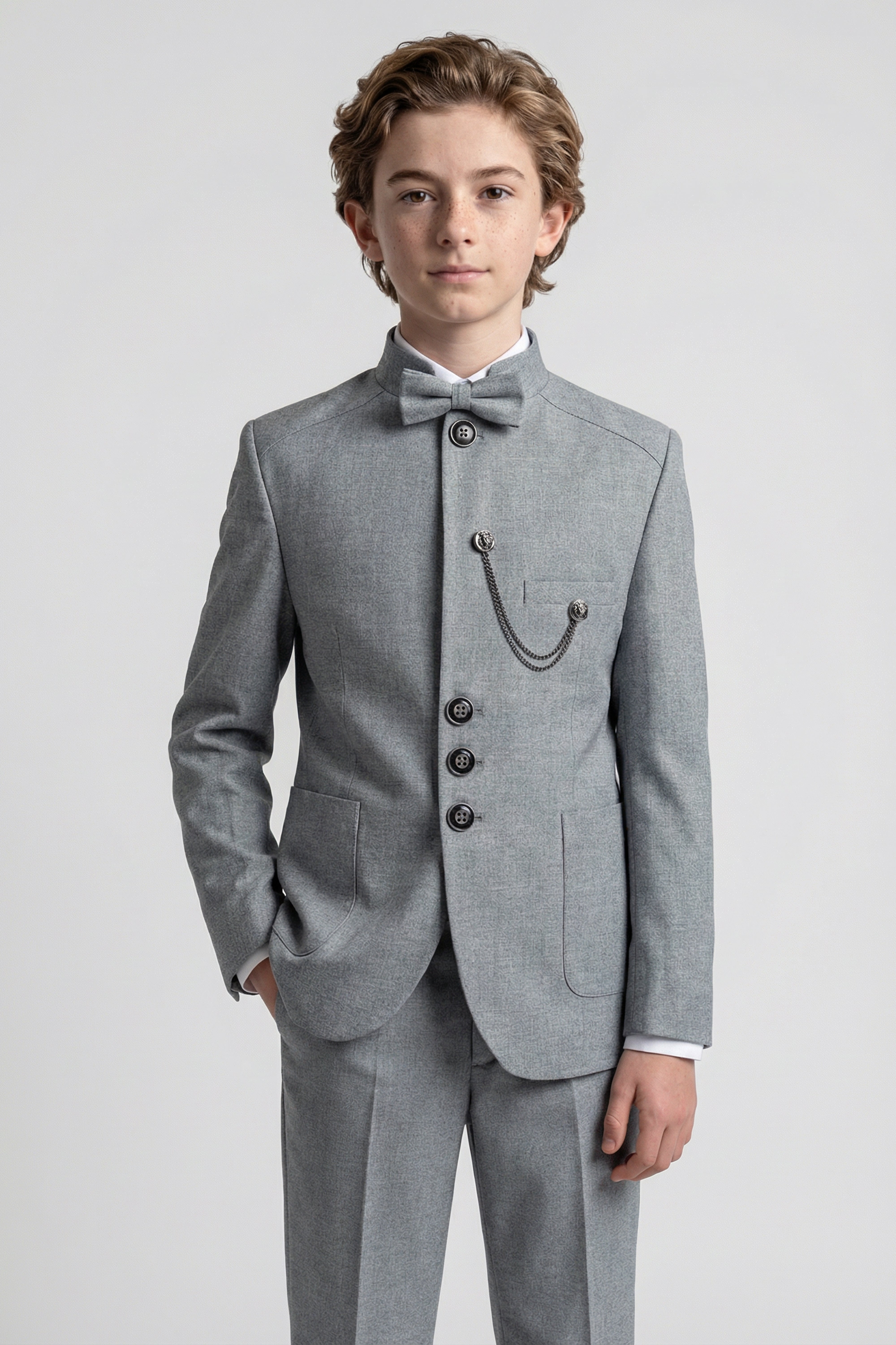 Boys’ 6-Piece Formal Ottoman Suit with Mandarin Collar  - Grey Front Picture