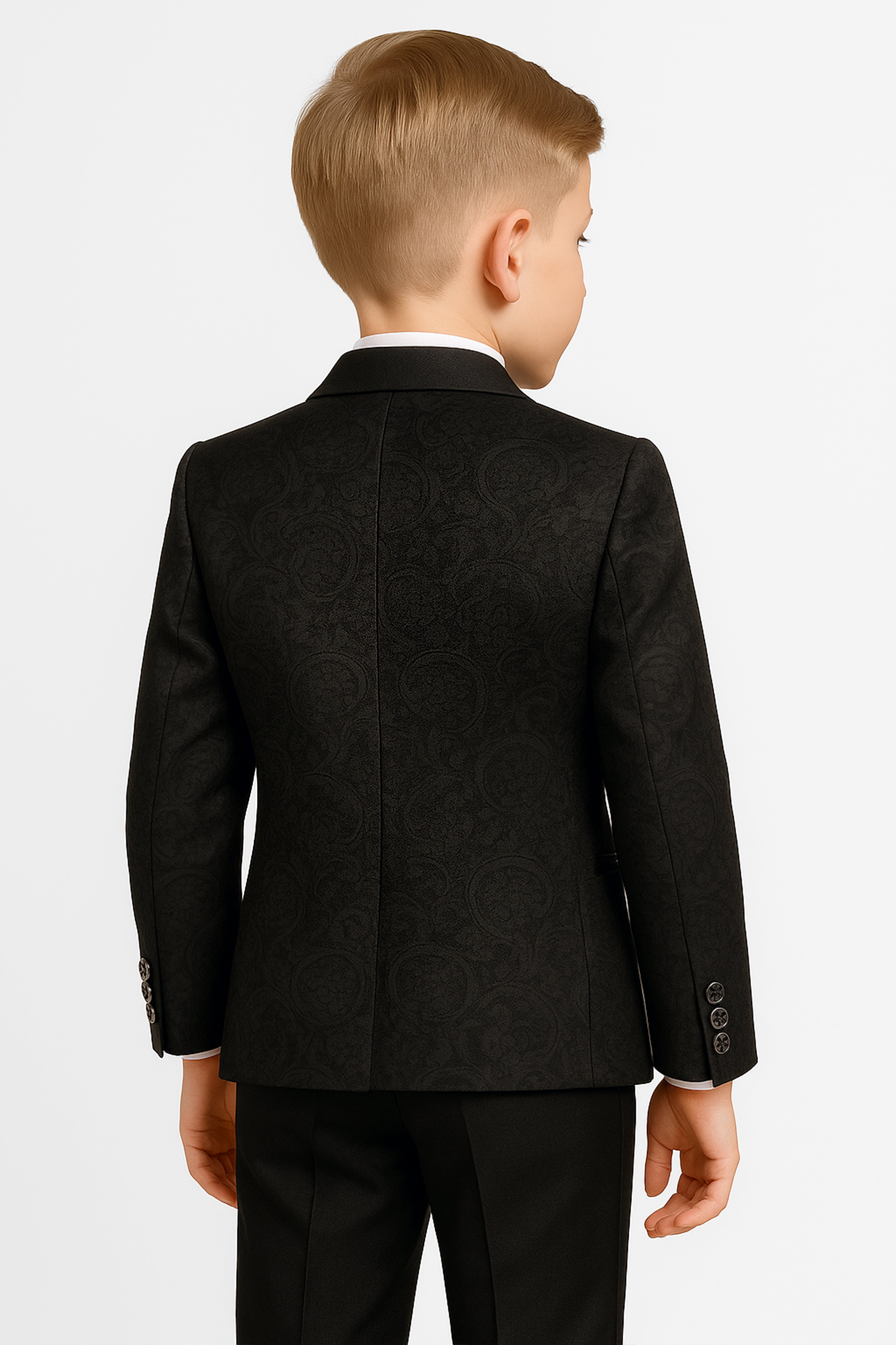 Boys’ 6-Piece Jacquard Paisley Tuxedo Suit - Black Back Picture