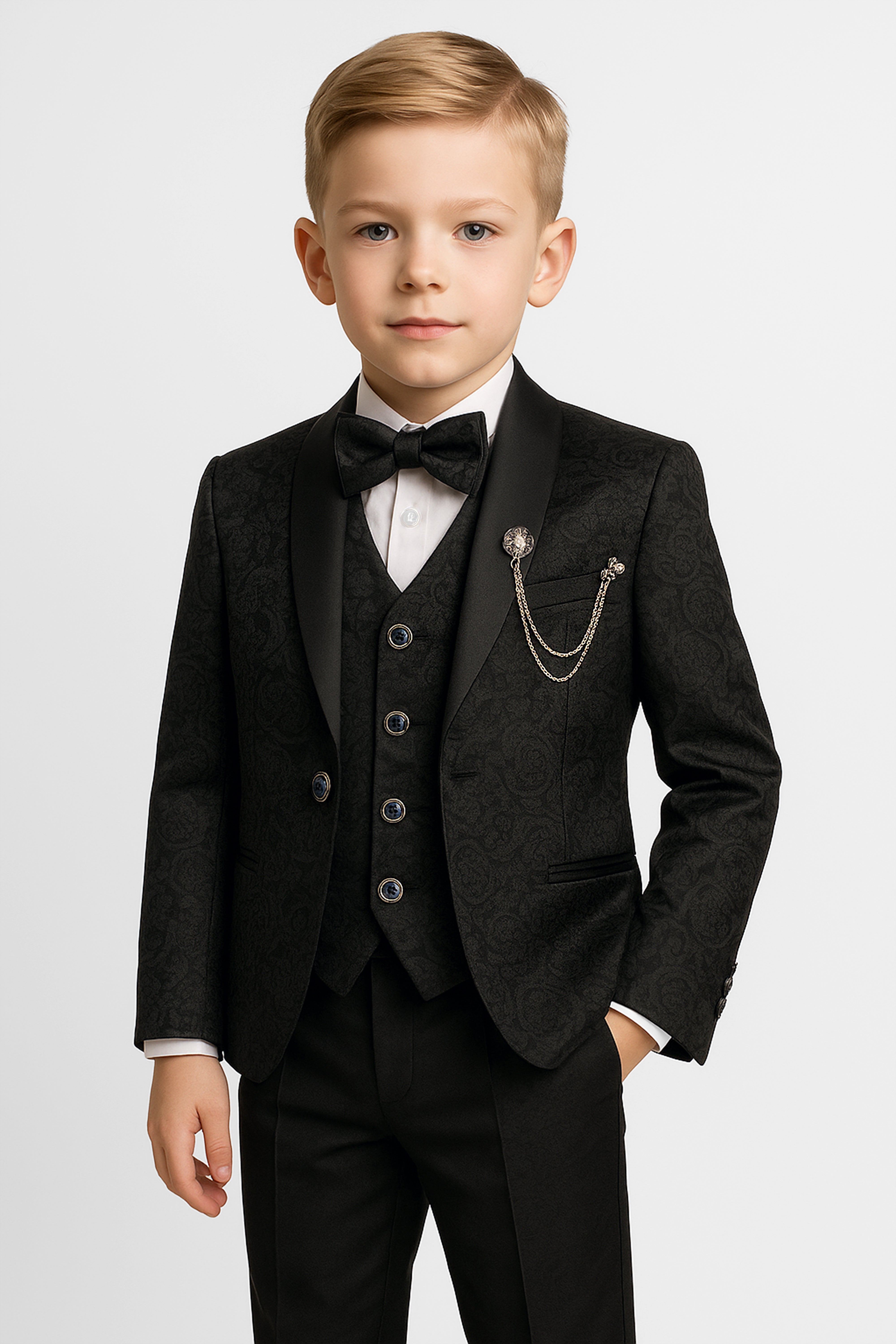 Boys’ 6-Piece Jacquard Paisley Tuxedo Suit - Black Model Picture