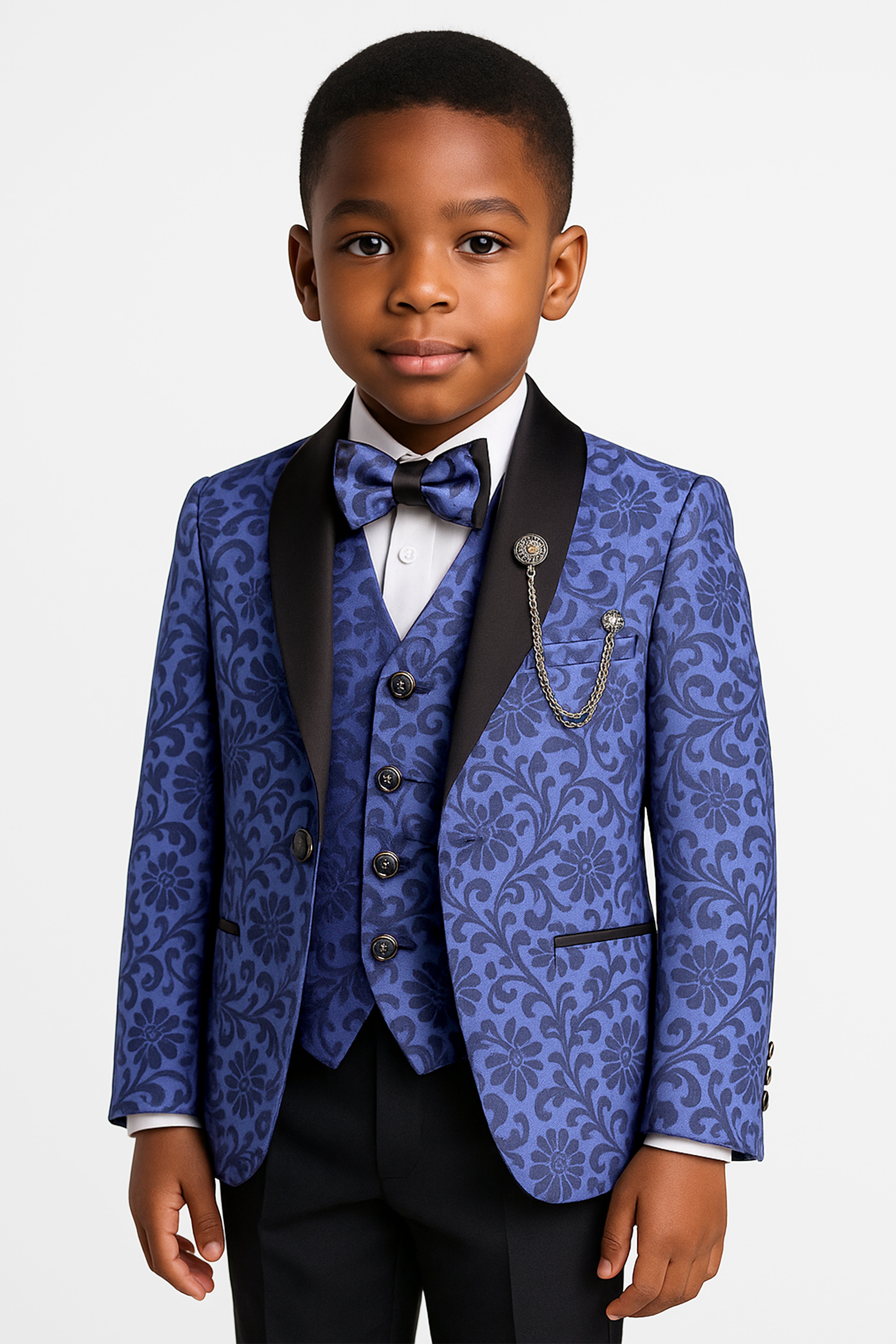 Boys’ 6-Piece Jacquard Paisley Tuxedo Suit - Indigo Blue Modle Picture