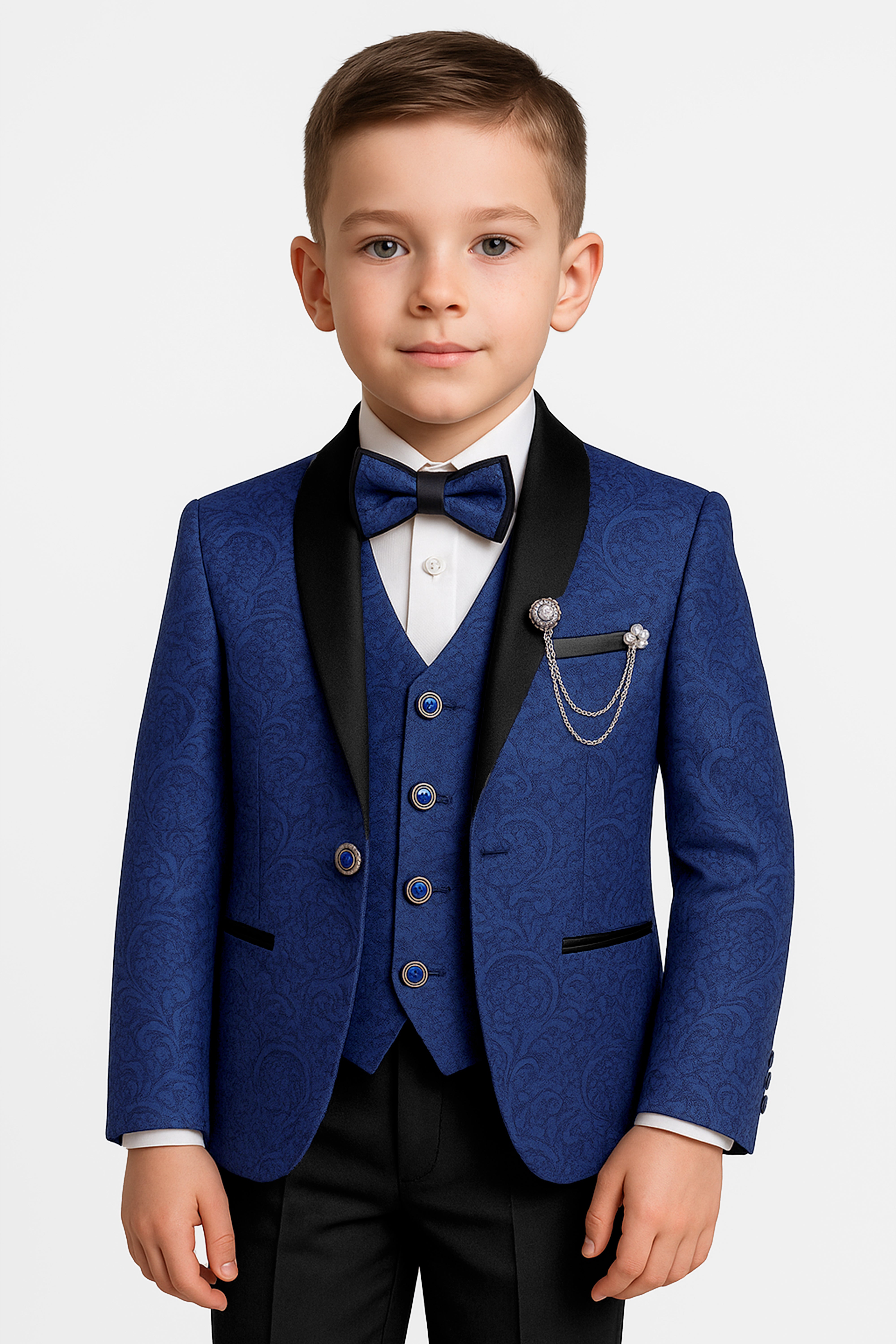 Boys’ 6-Piece Jacquard Paisley Tuxedo Suit - Navy Model Picture