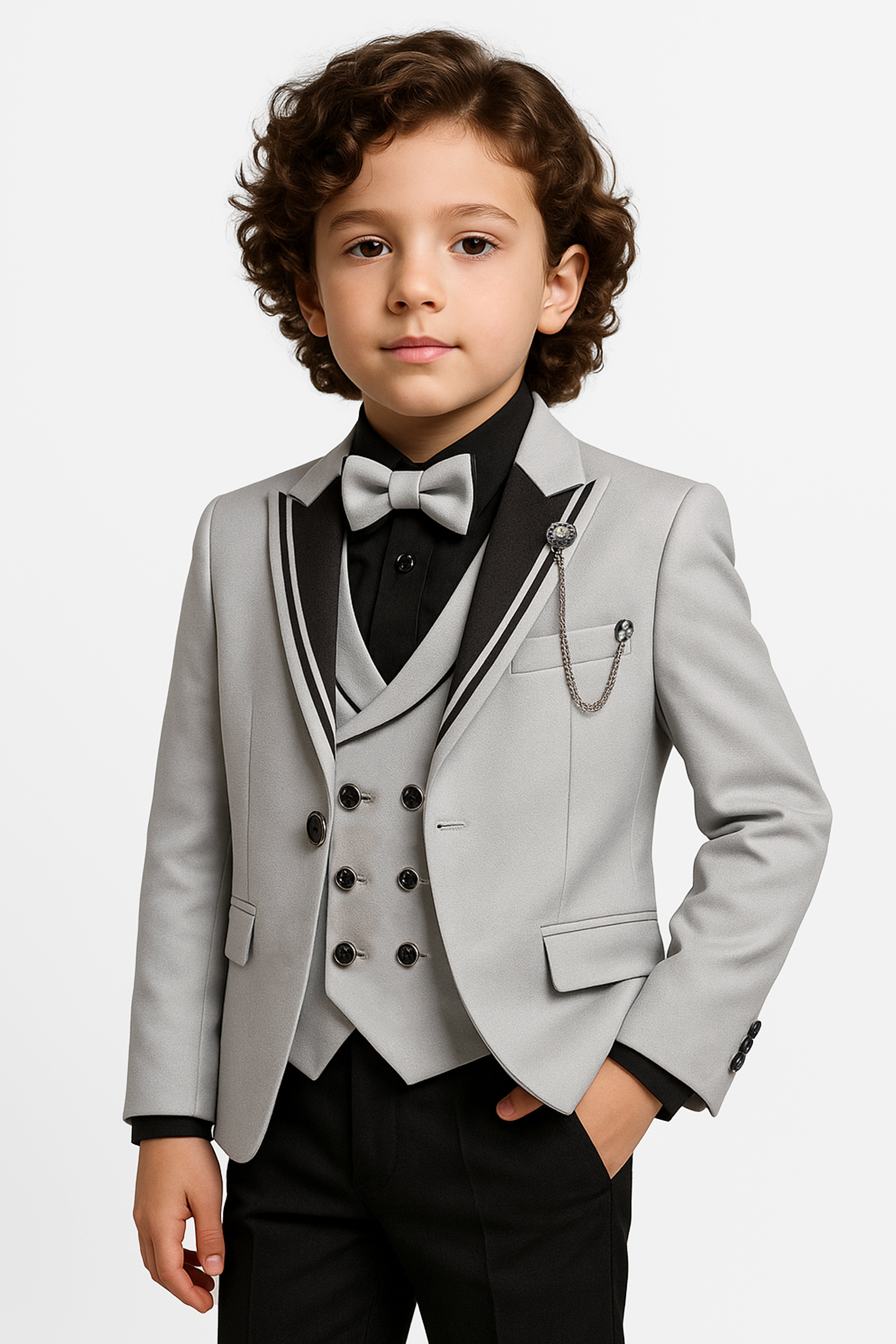 Boys’ 6-Piece Tuxedo Dinner Suit with Double Breasted Waistcoat - DAMATLIK - Grey Model Picture