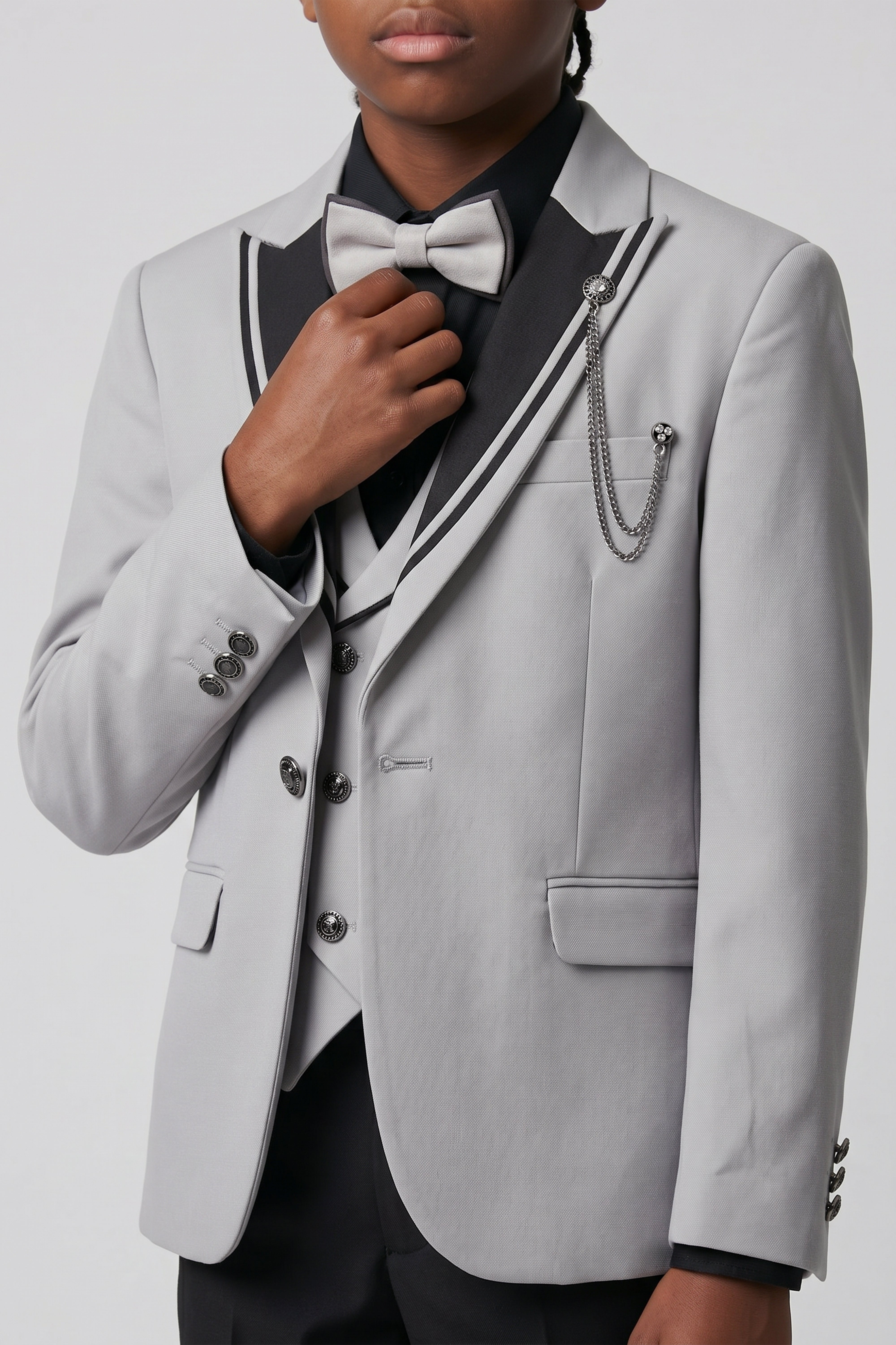 Boys’ 6-Piece Tuxedo Dinner Suit with Double Breasted Waistcoat - DAMATLIK - Grey