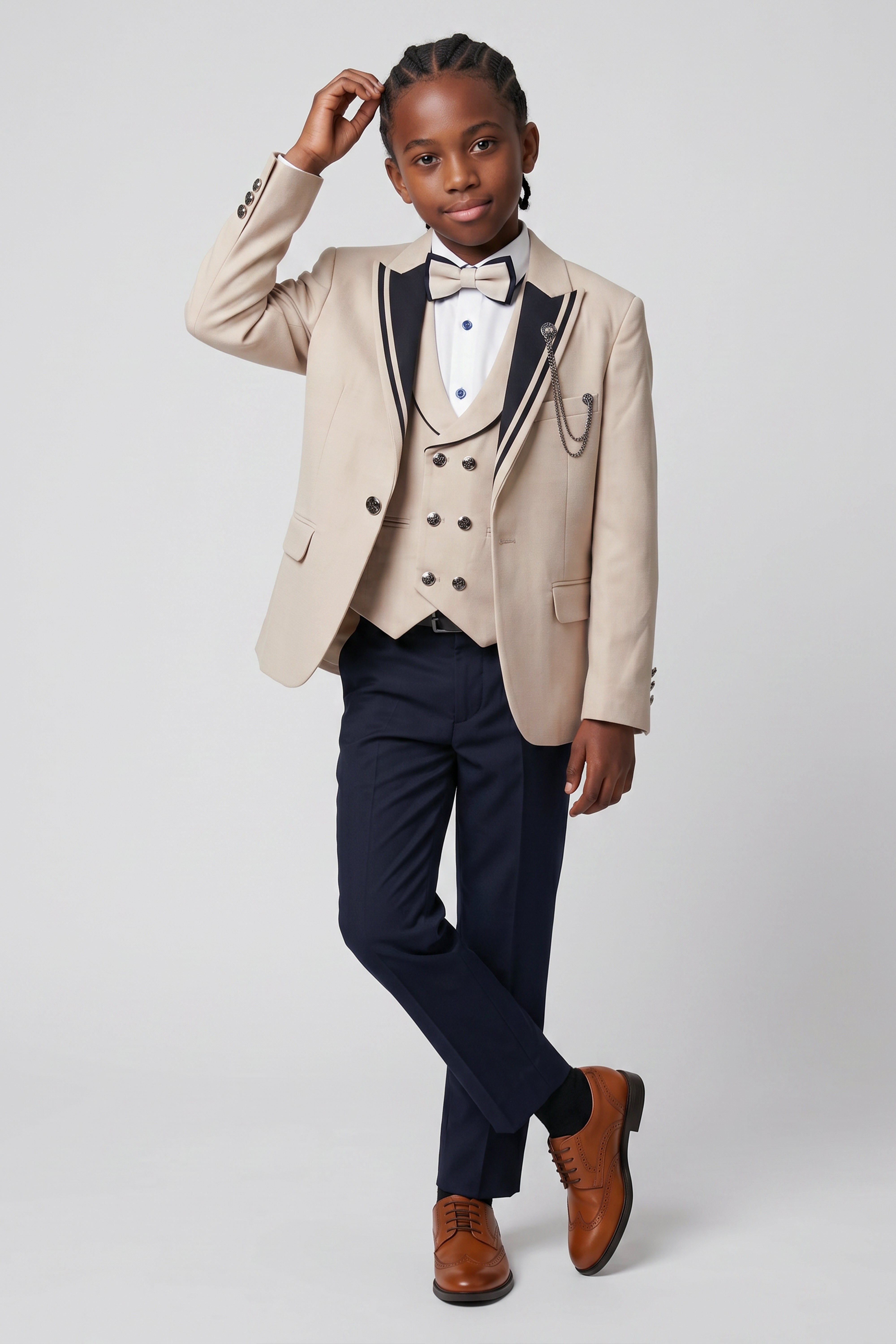 Boys 6-Piece Tuxedo Dinner Suit with Double Breasted Waistcoat - DAMATLIK W - Camel Beige