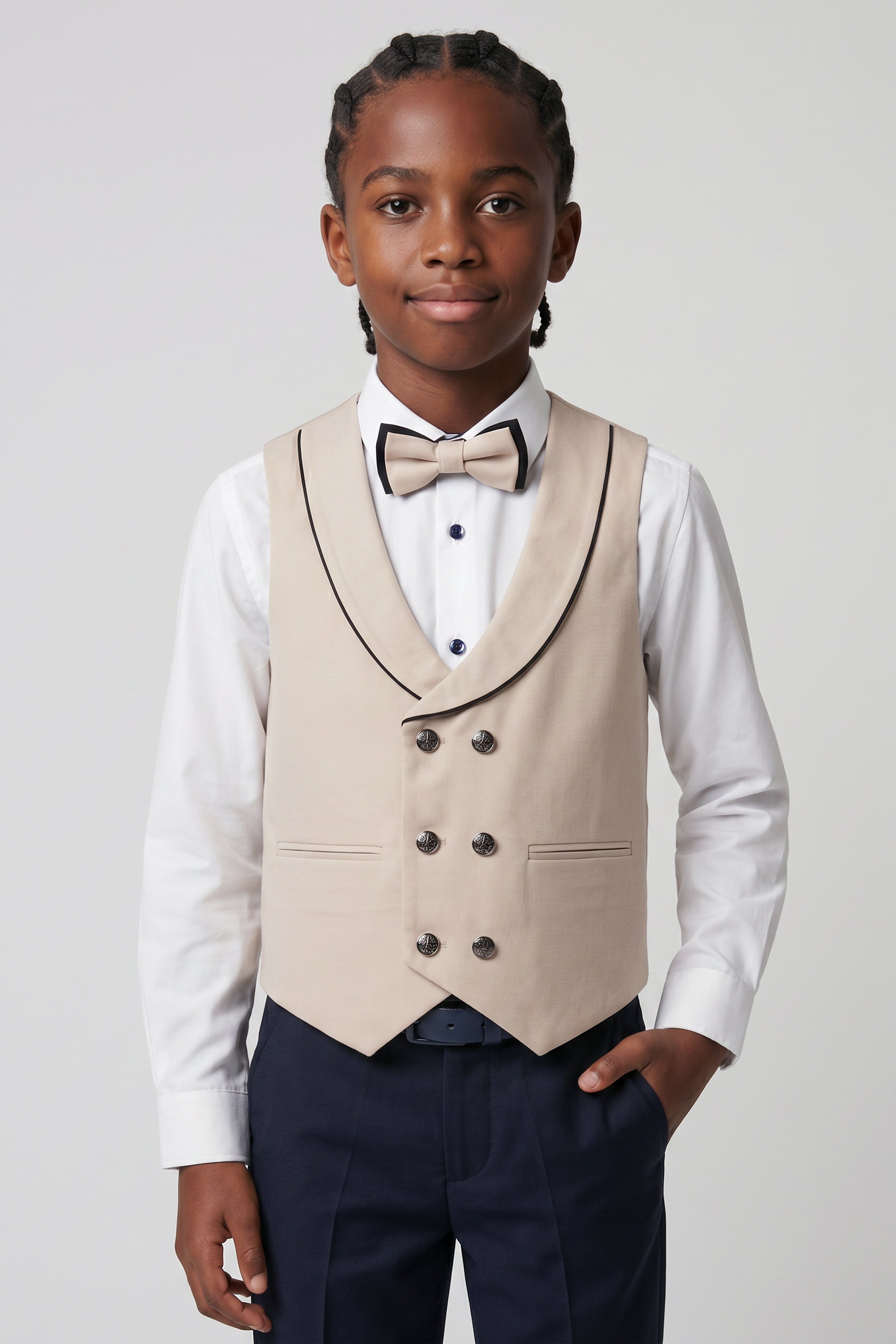 Boys 6-Piece Tuxedo Dinner Suit with Double Breasted Waistcoat - DAMATLIK W - Camel Beige