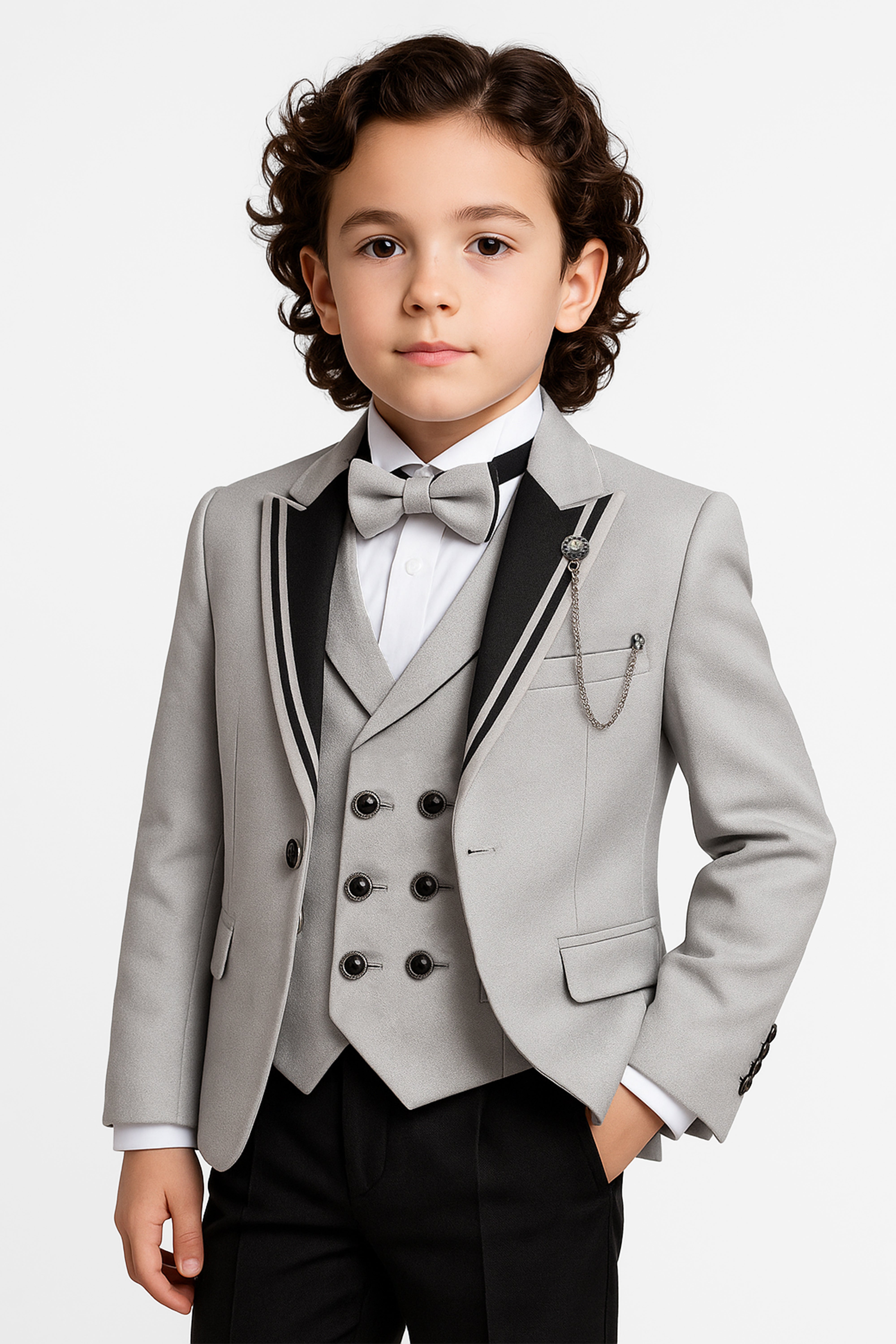 Boys’ 6-Piece Tuxedo Dinner Suit with Double Breasted Waistcoat - DAMATLIK W - Grey Model Picture