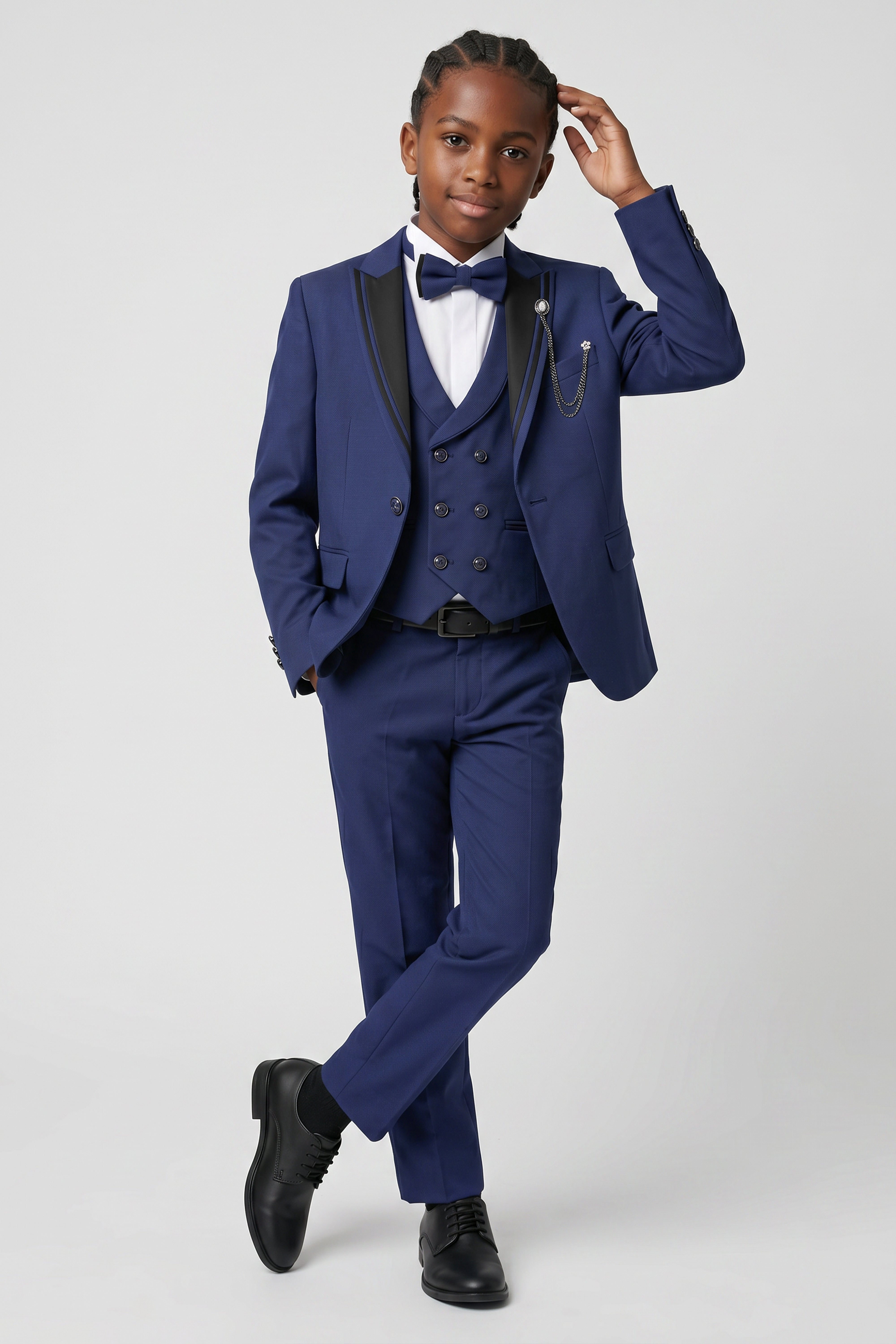 Boys’ 6-Piece Tuxedo Dinner Suit with Double Breasted Waistcoat - DAMATLIK W - Navy