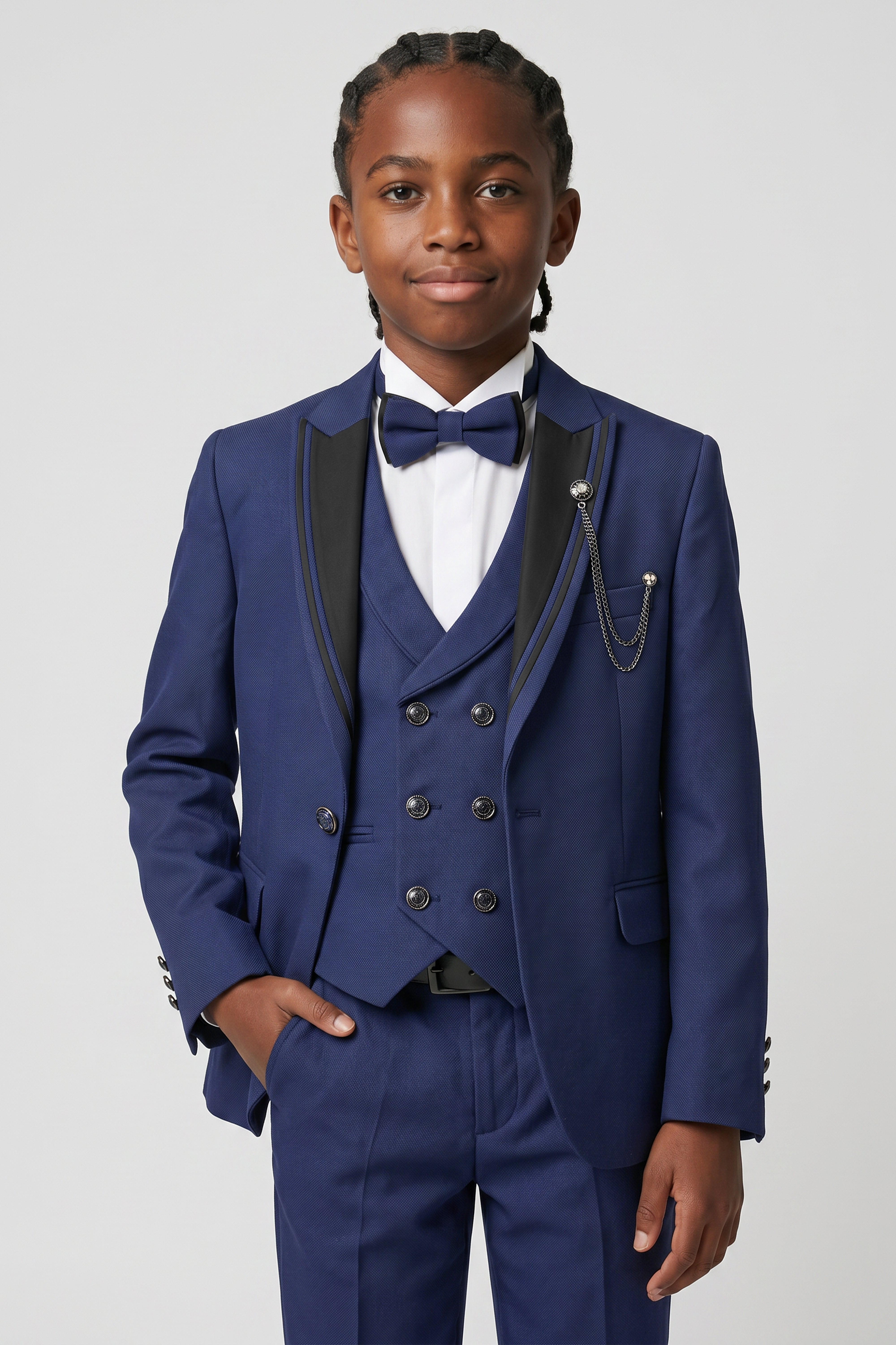 Boys’ 6-Piece Tuxedo Dinner Suit with Double Breasted Waistcoat - DAMATLIK W - Navy