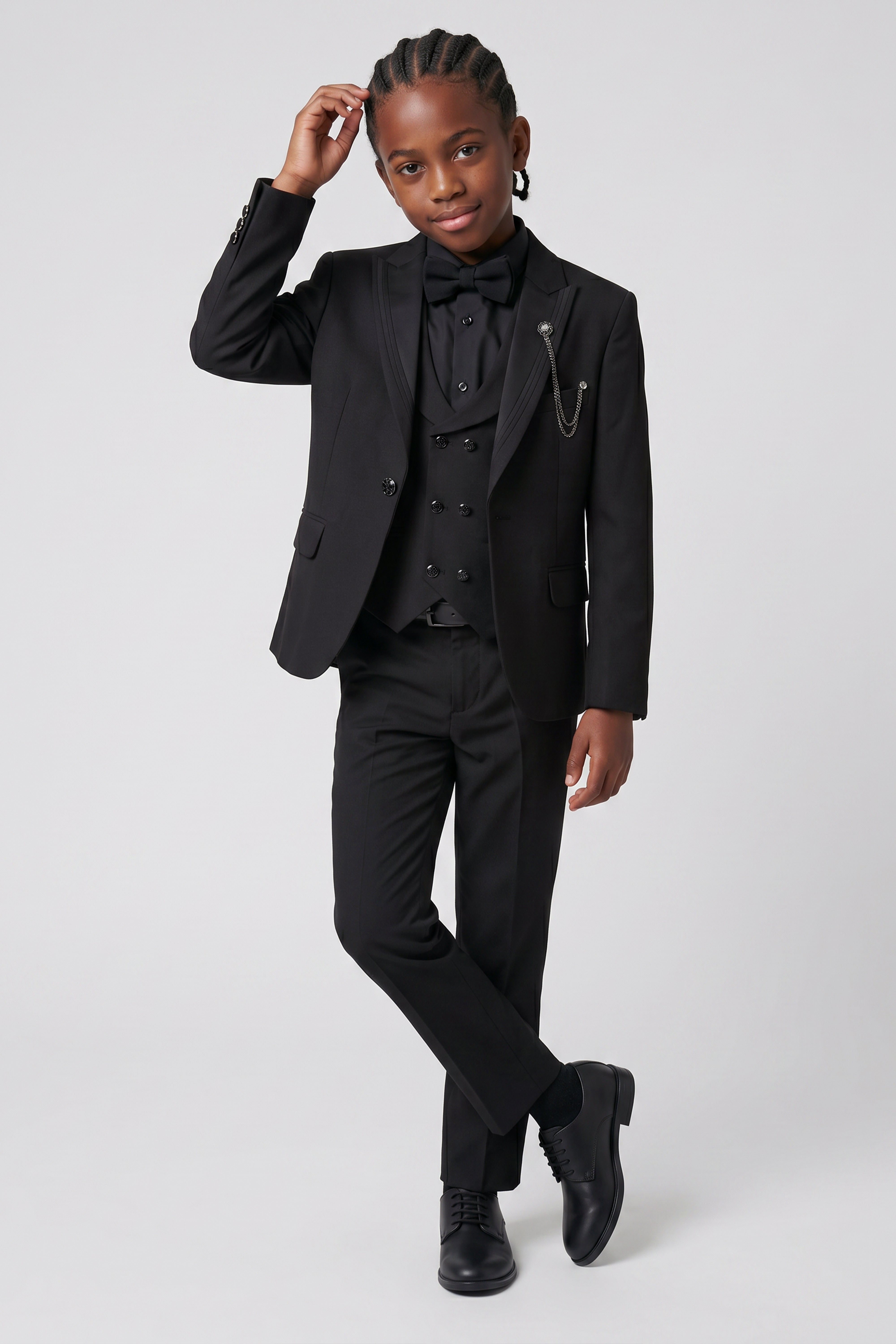 Boys’ 6-Piece Tuxedo Dinner Suit with Double Breasted Waistcoat - DAMATLIK - Black