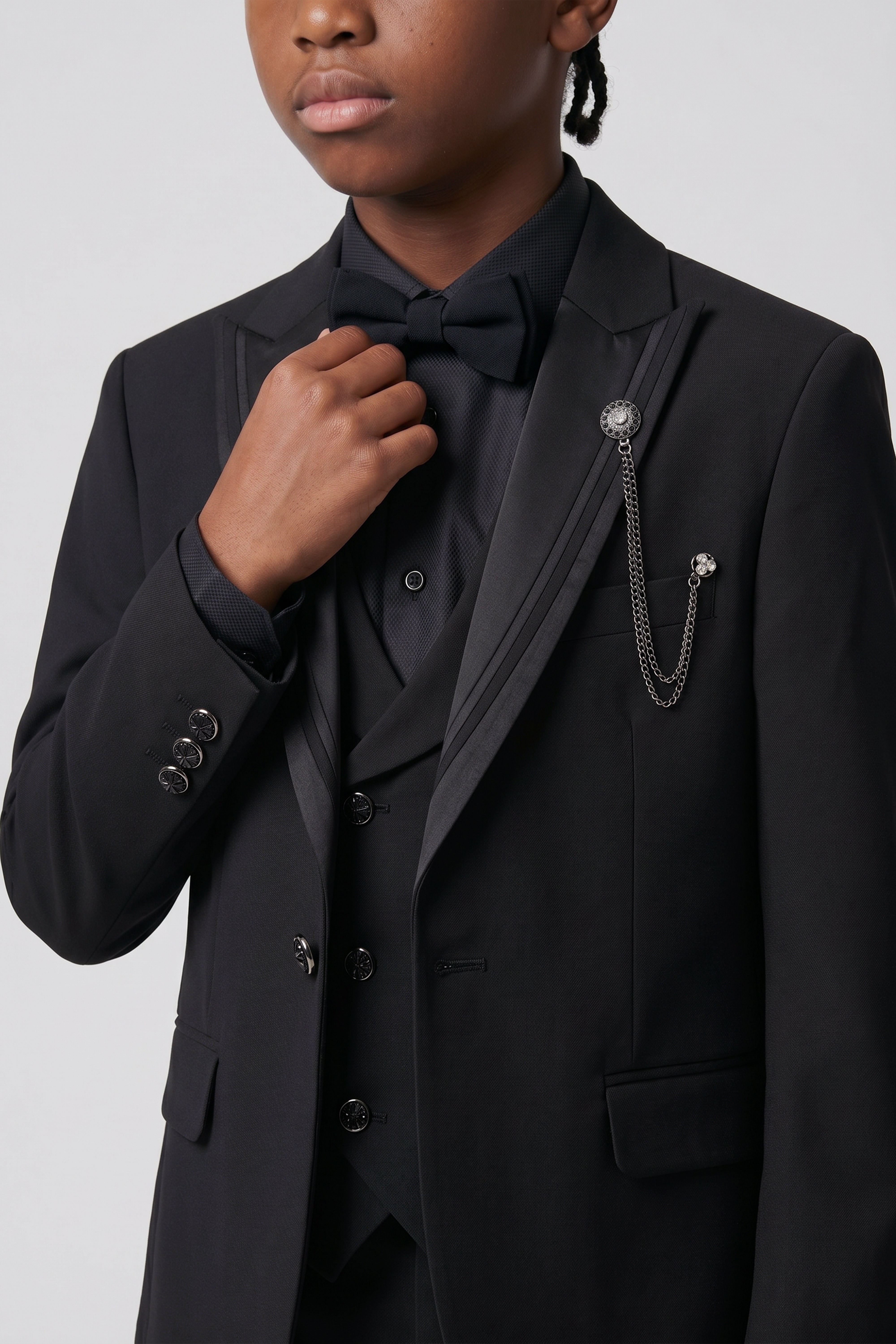Boys’ 6-Piece Tuxedo Dinner Suit with Double Breasted Waistcoat - DAMATLIK - Black