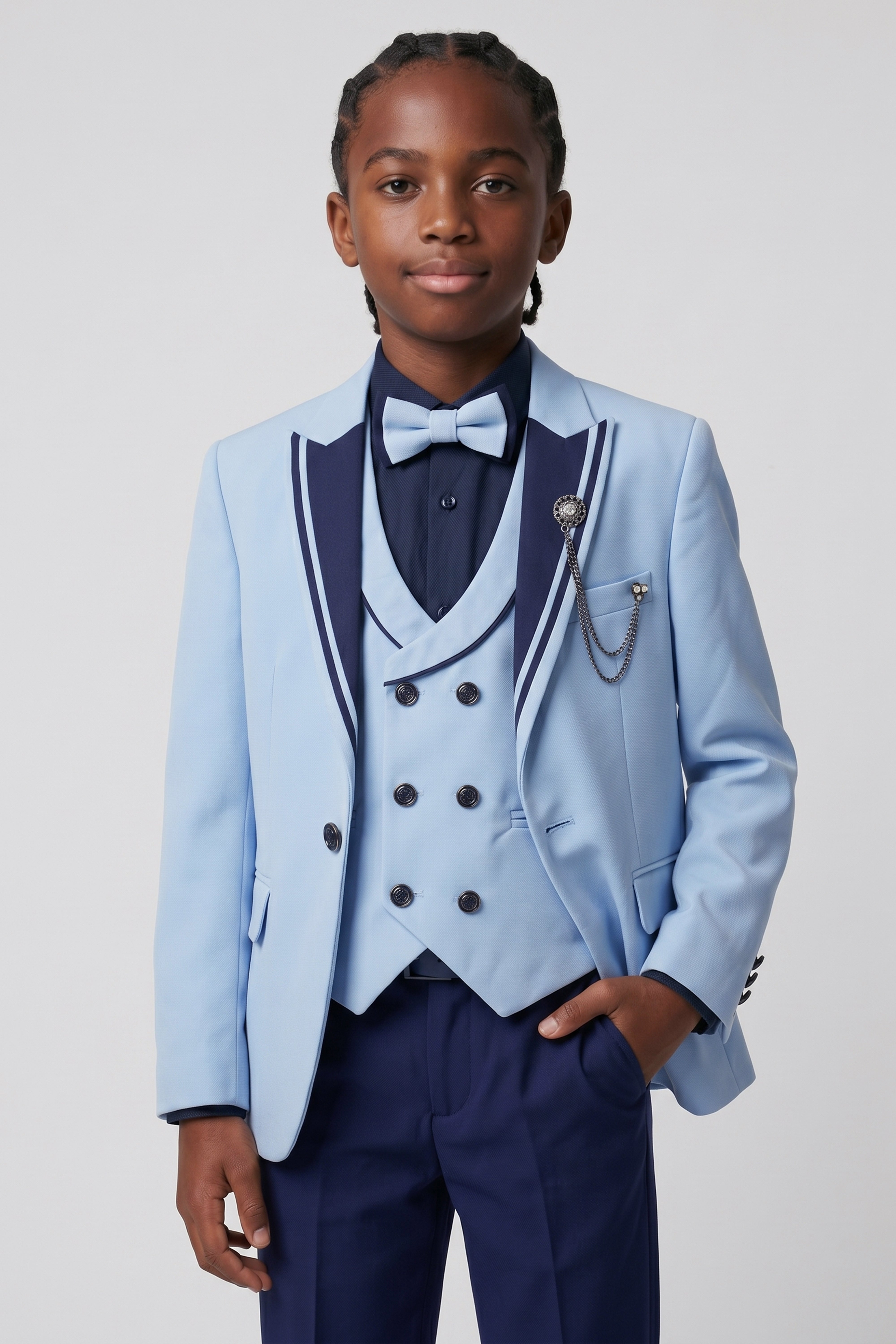 Boys’ 6-Piece Tuxedo Dinner Suit with Double Breasted Waistcoat - DAMATLIK - Blue