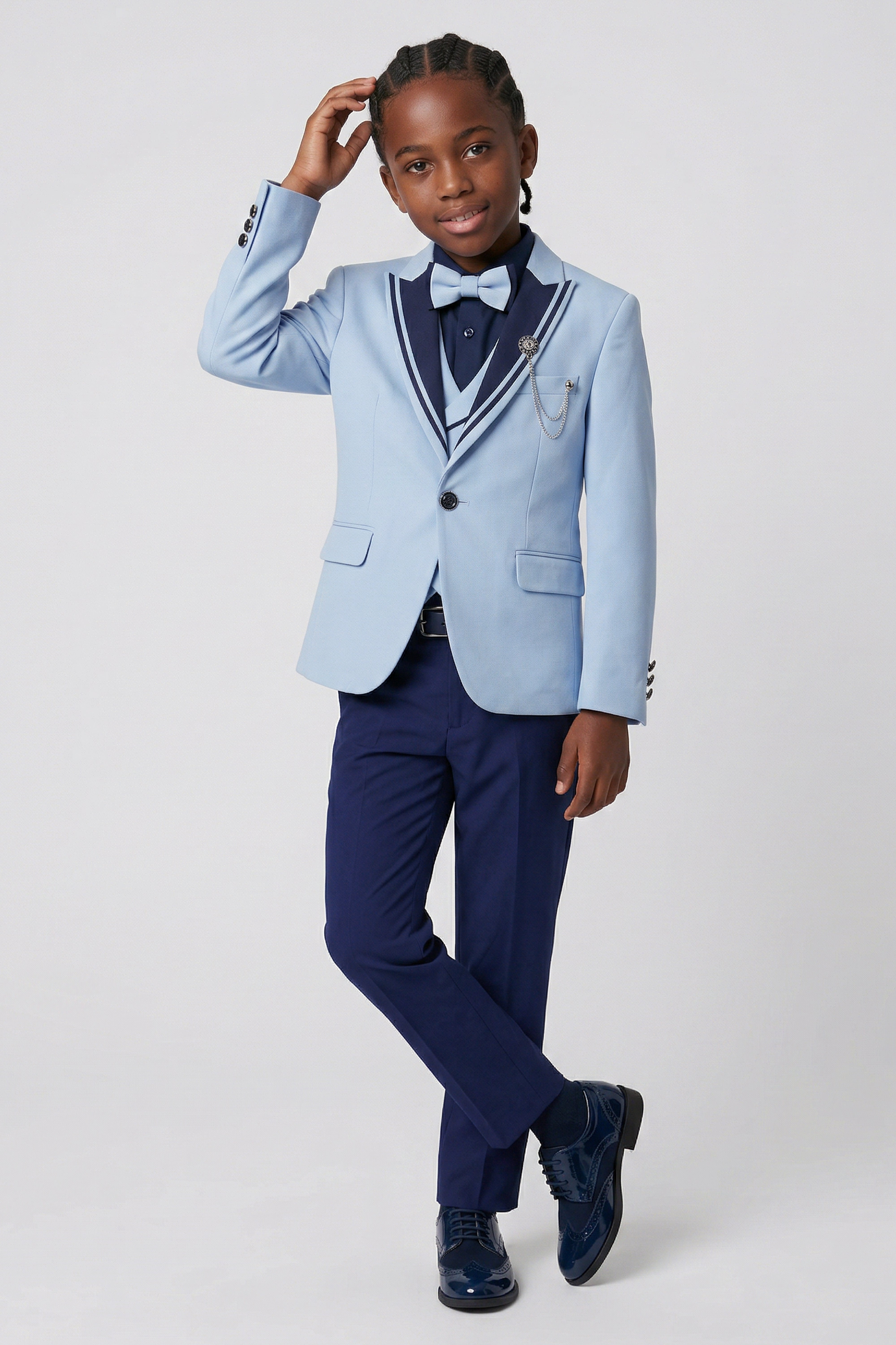 Boys’ 6-Piece Tuxedo Dinner Suit with Double Breasted Waistcoat - DAMATLIK - Blue