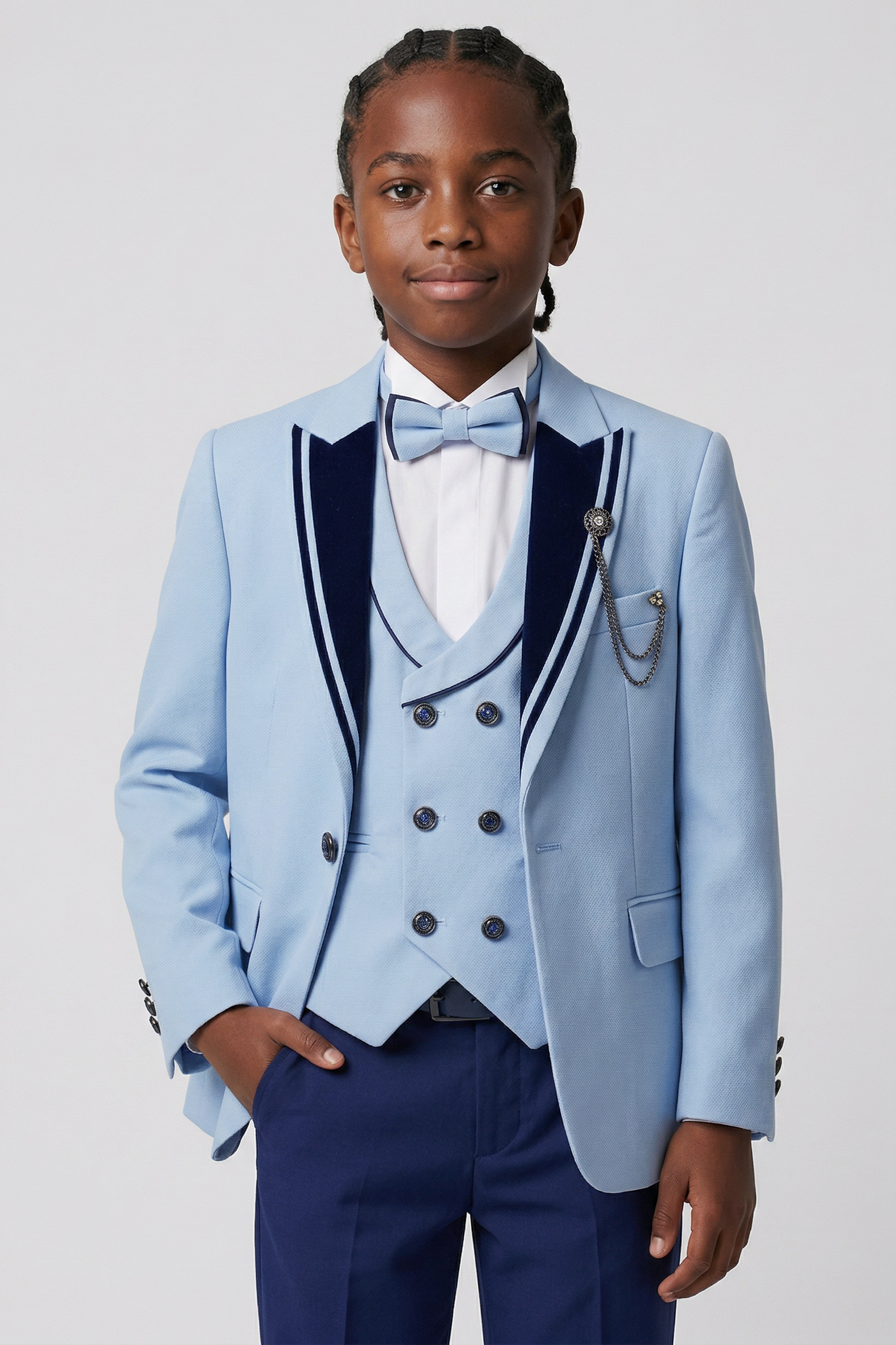 Boys’ 6-Piece Tuxedo Dinner Suit with Double Breasted Waistcoat - DAMATLIK W - Blue