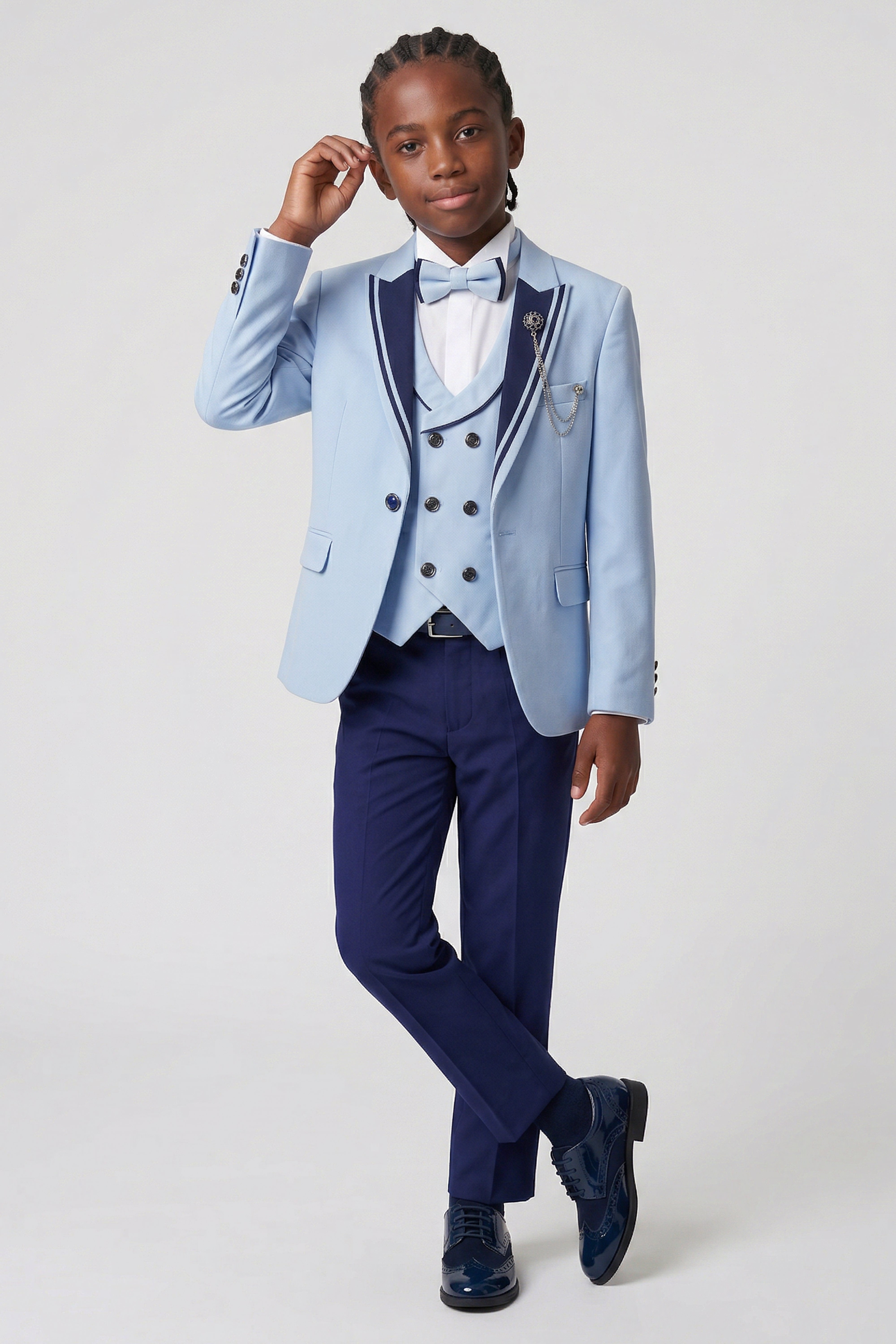 Boys’ 6-Piece Tuxedo Dinner Suit with Double Breasted Waistcoat - DAMATLIK W - Blue