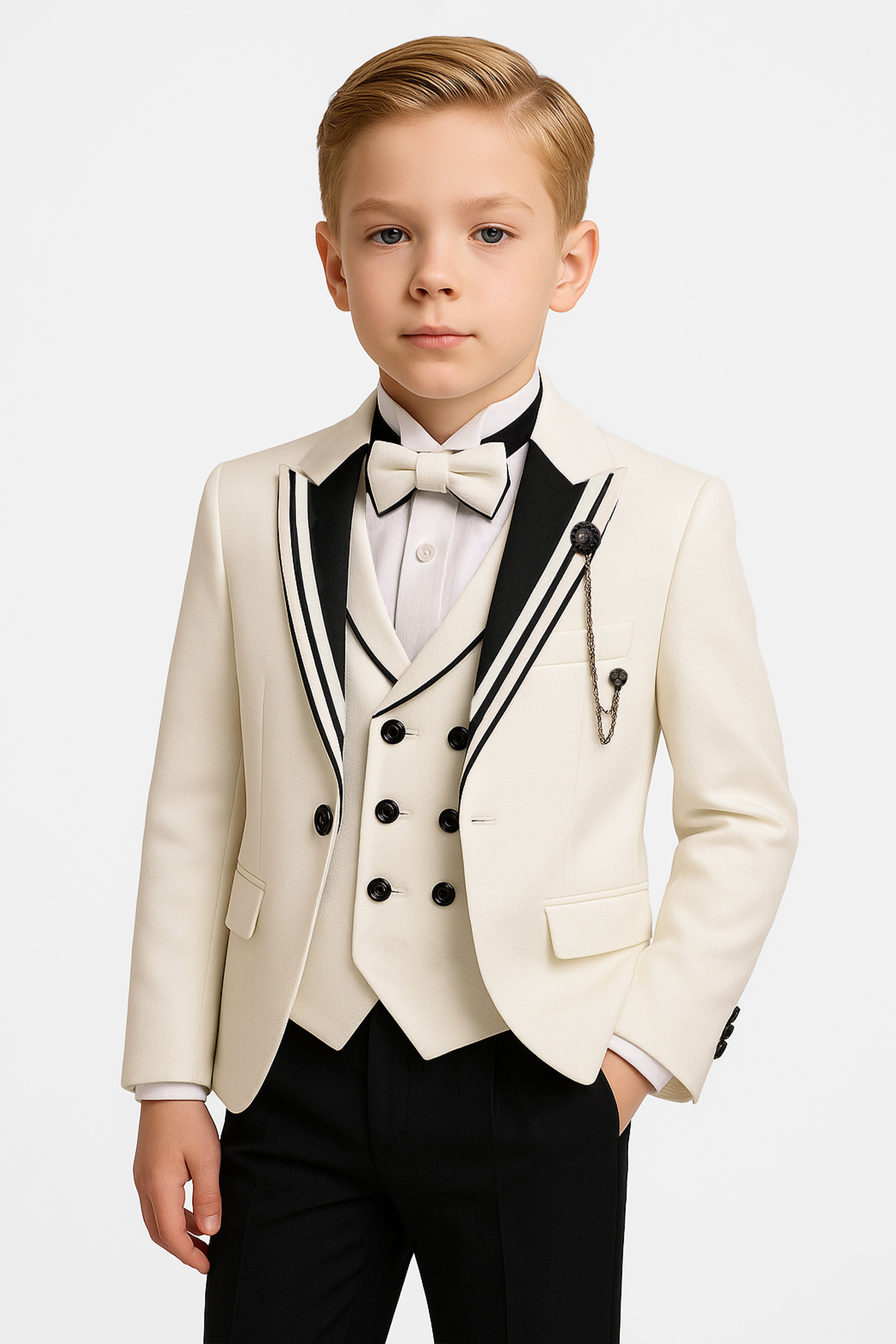 Boys’ 6-Piece Tuxedo Dinner Suit with Double Breasted Waistcoat - DAMATLIK W - Ivory Model Picture