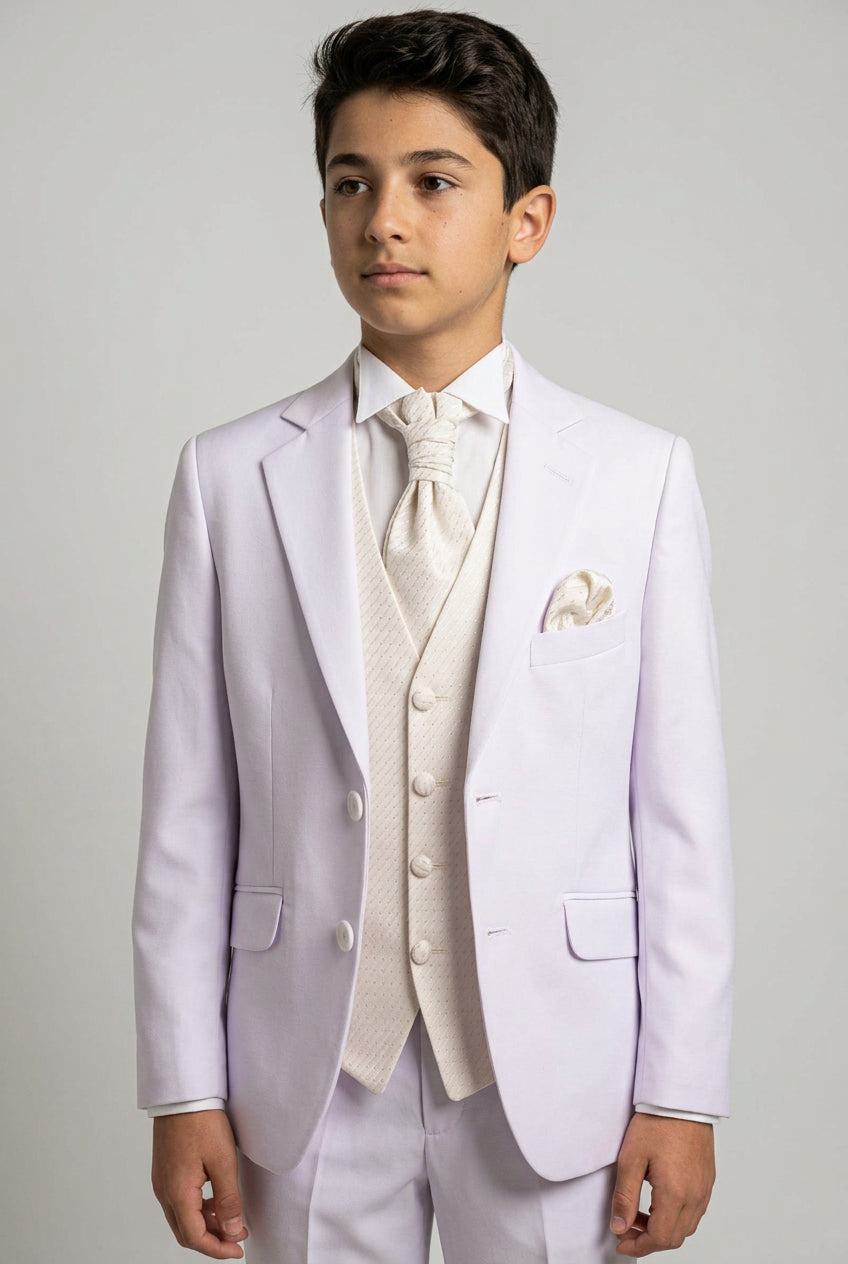 Boys 6 Piece Communion Tailored Fit Suit Set - Off White - Ivory