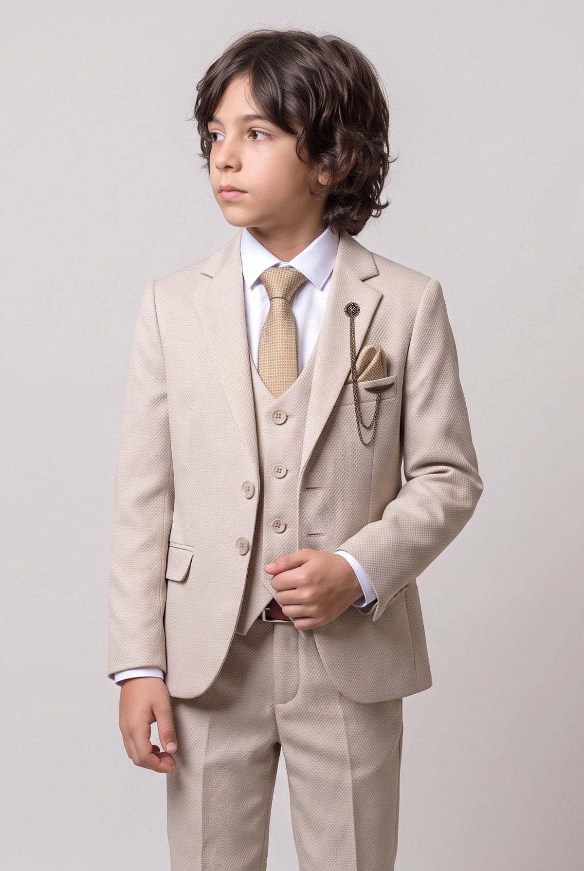 Boys’ 7-Piece Self-Patterned Formal Suit Set - Planet - Beige Main Picture