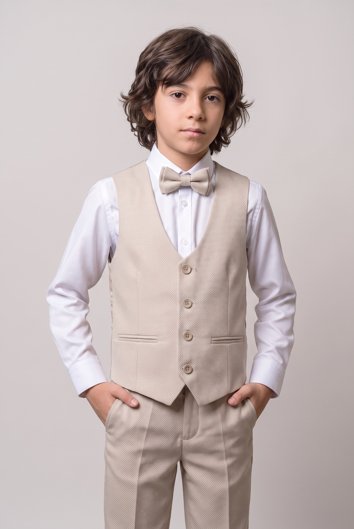 Boys’ 7-Piece Self-Patterned Formal Suit Set - Planet - Beige Model Front Picture
