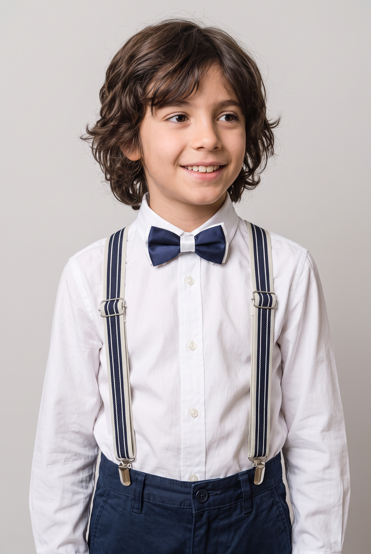 Boys Adjustable Elastic Y-Back Wide Bow Brace Set - Navy and Cream