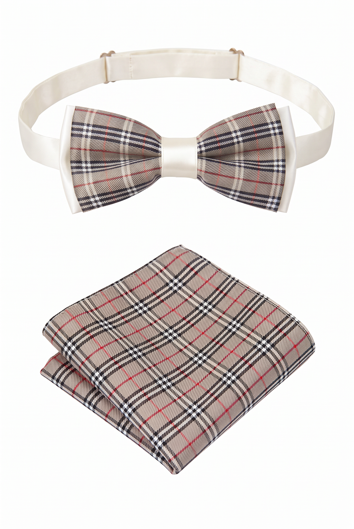 Boys Adjustable Pre-Tied Checkered Bow Tie & Pocket Square Set - Beige and Black