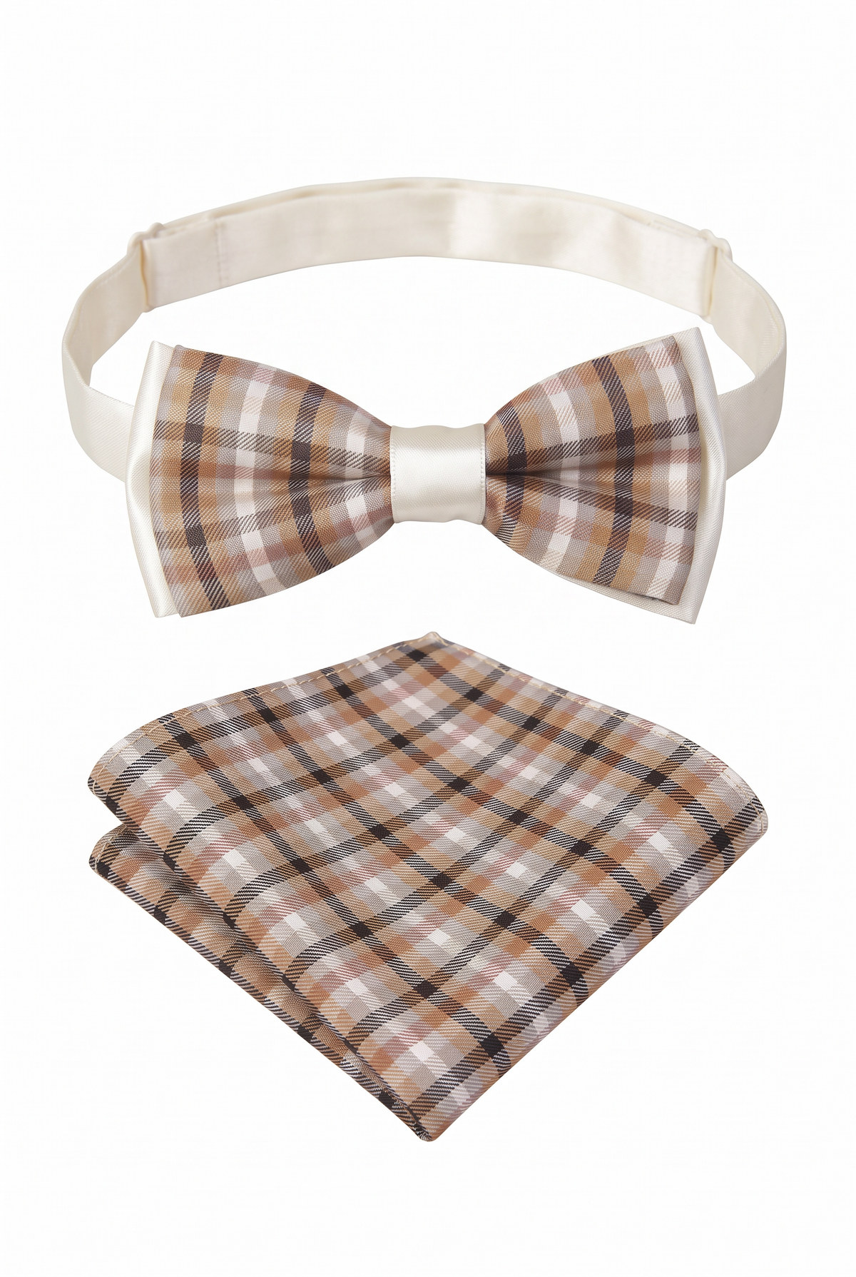 Boys Adjustable Pre-Tied Checkered Bow Tie & Pocket Square Set - Brown and White