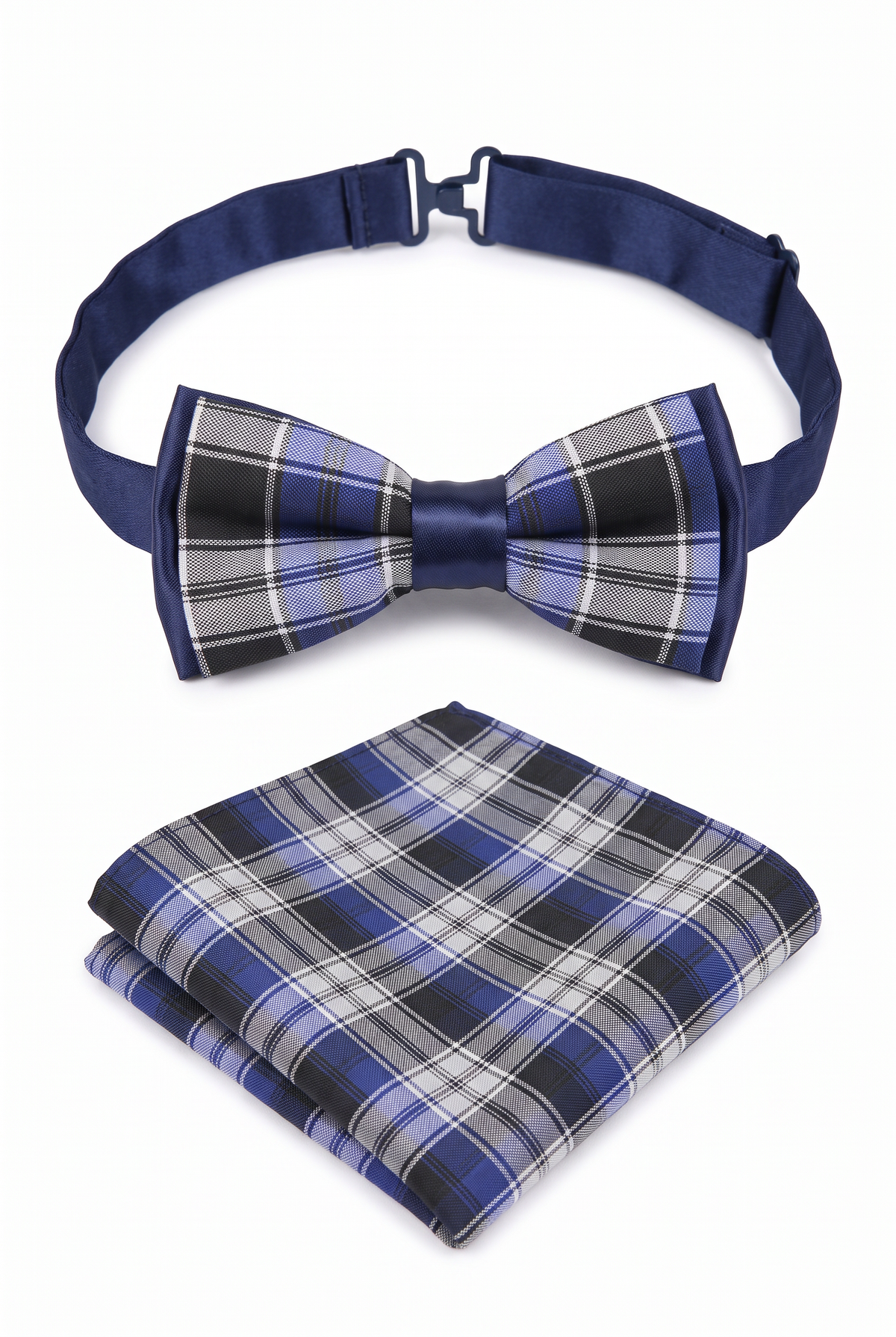 Boys Adjustable Pre-Tied Checkered Bow Tie & Pocket Square Set - Navy and Black