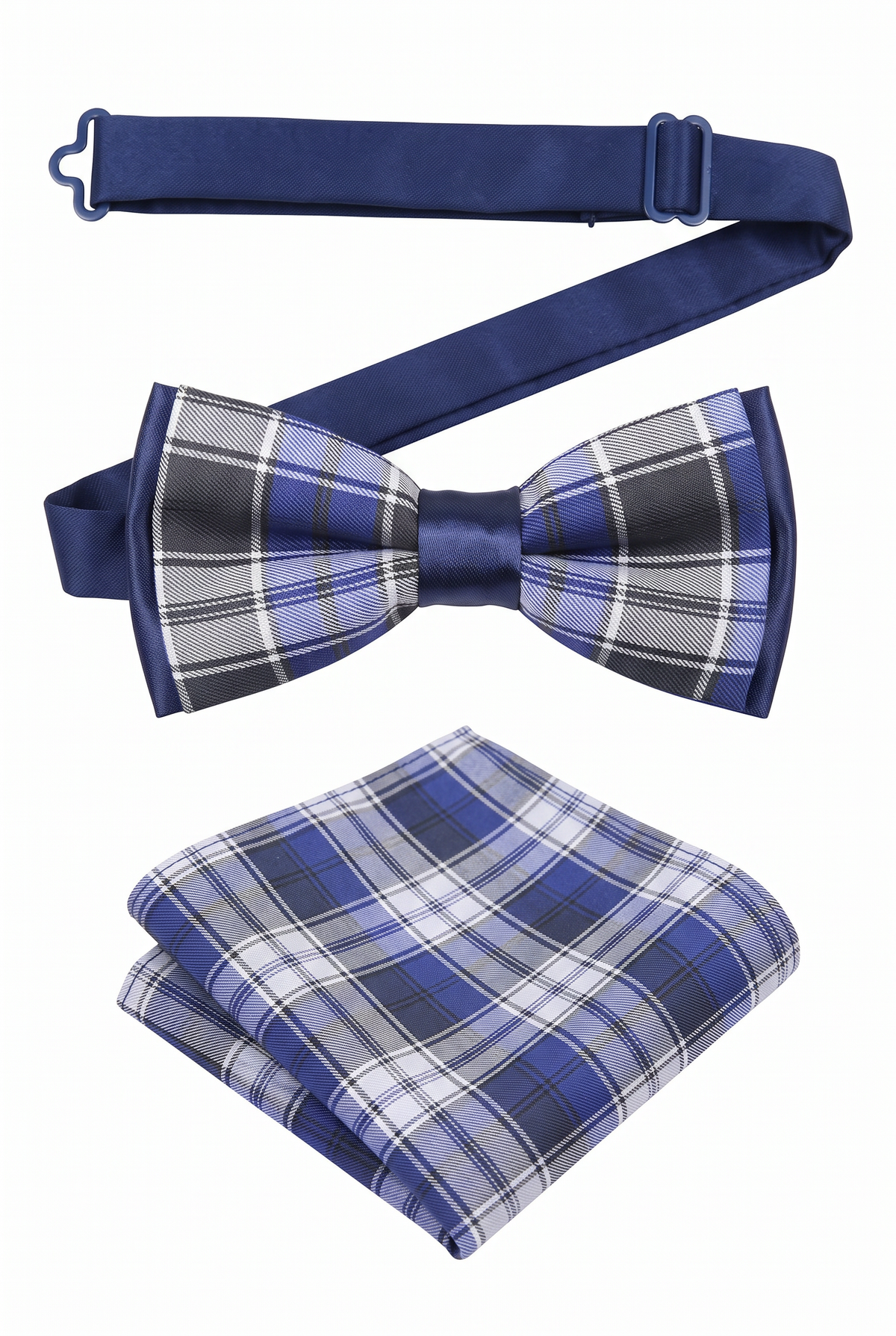 Boys Adjustable Pre-Tied Checkered Bow Tie & Pocket Square Set - Navy and Black