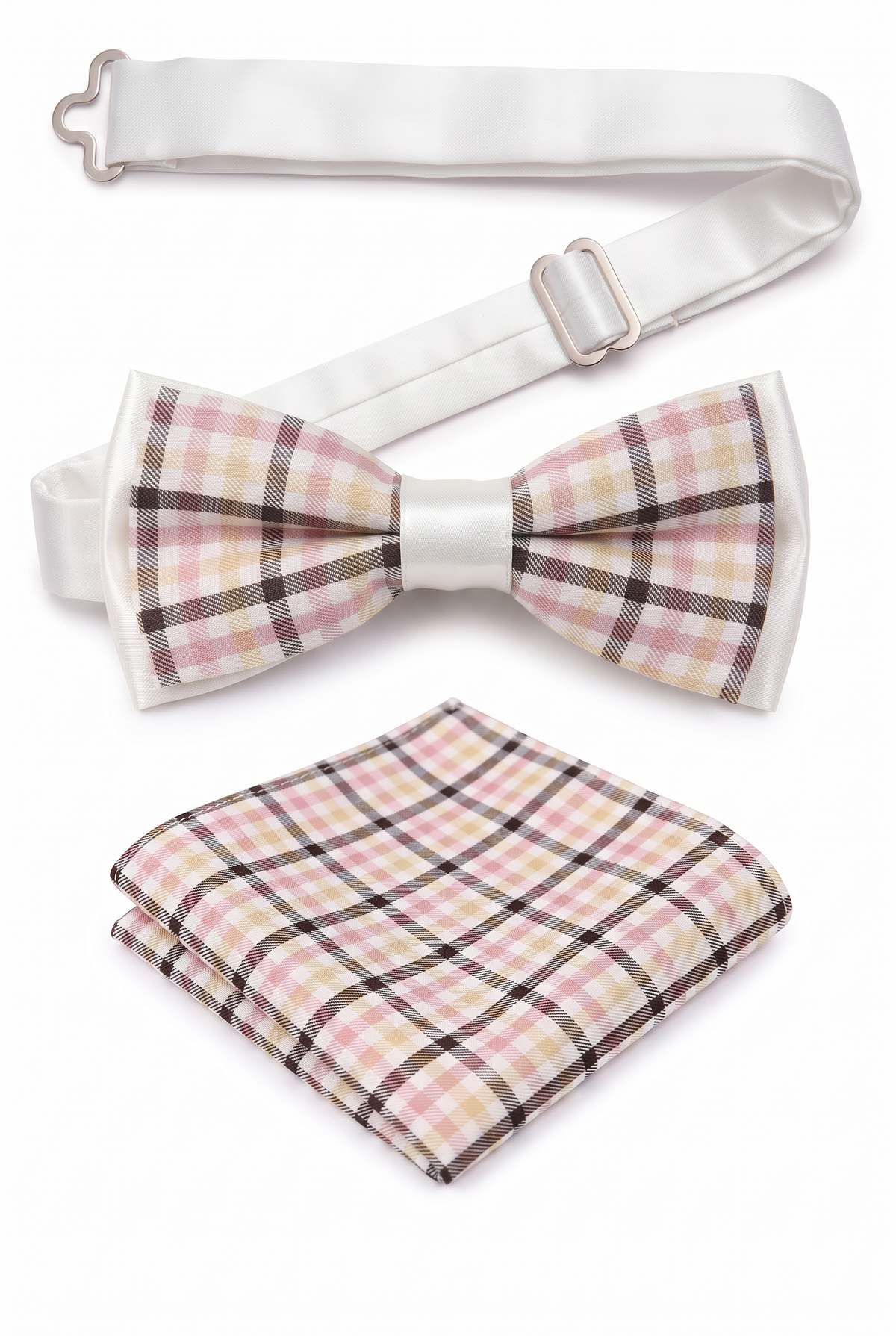 Boys Adjustable Pre-Tied Checkered Bow Tie & Pocket Square Set - Pink and Black