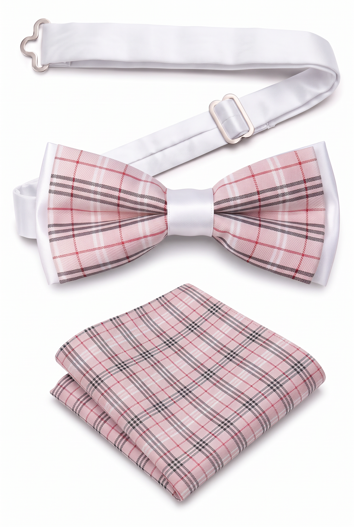 Boys Adjustable Pre-Tied Checkered Bow Tie & Pocket Square Set - Pink and Red