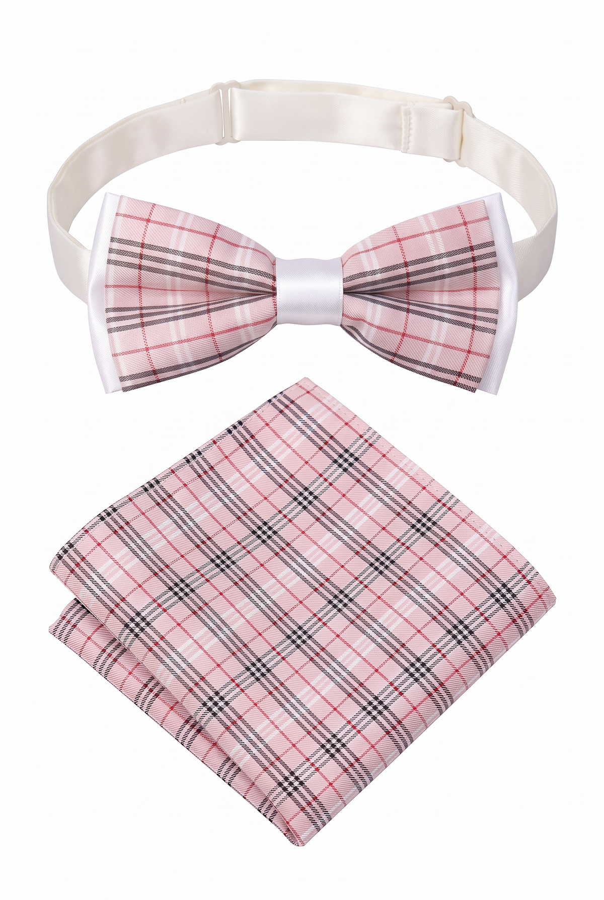 Boys Adjustable Pre-Tied Checkered Bow Tie & Pocket Square Set - Pink and Red