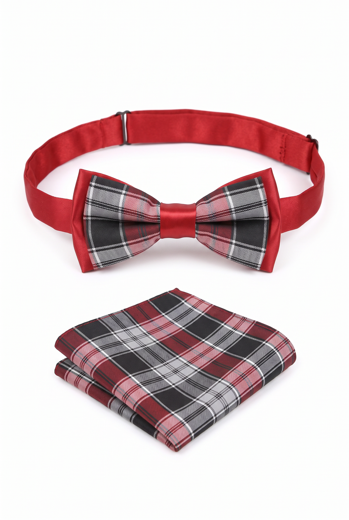 Boys Adjustable Pre-Tied Checkered Bow Tie & Pocket Square Set - Red and Grey