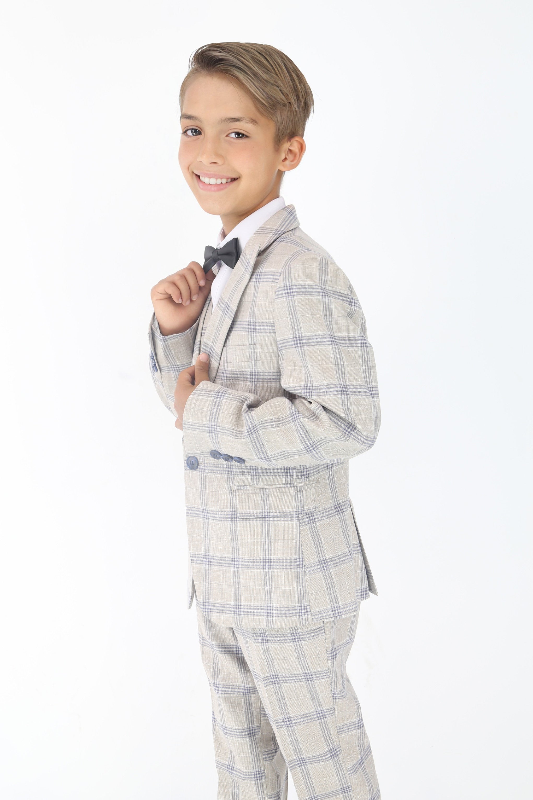 Boys Beige & Blue Plaid Check Suit - Beige - Blue Side Picture