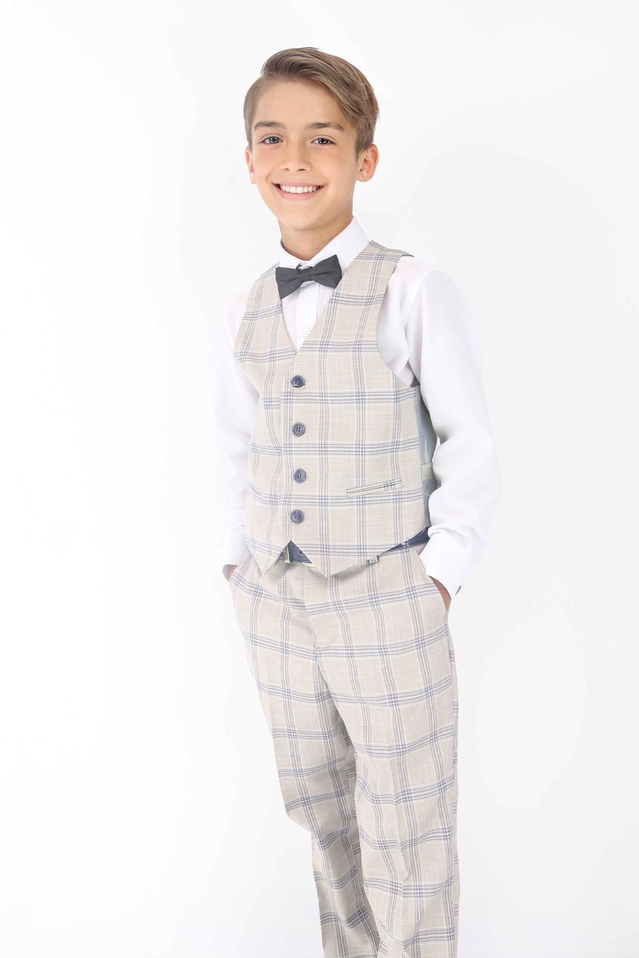 Boys Beige & Blue Plaid Check Suit - Beige - Blue Waistcoat Model Picture