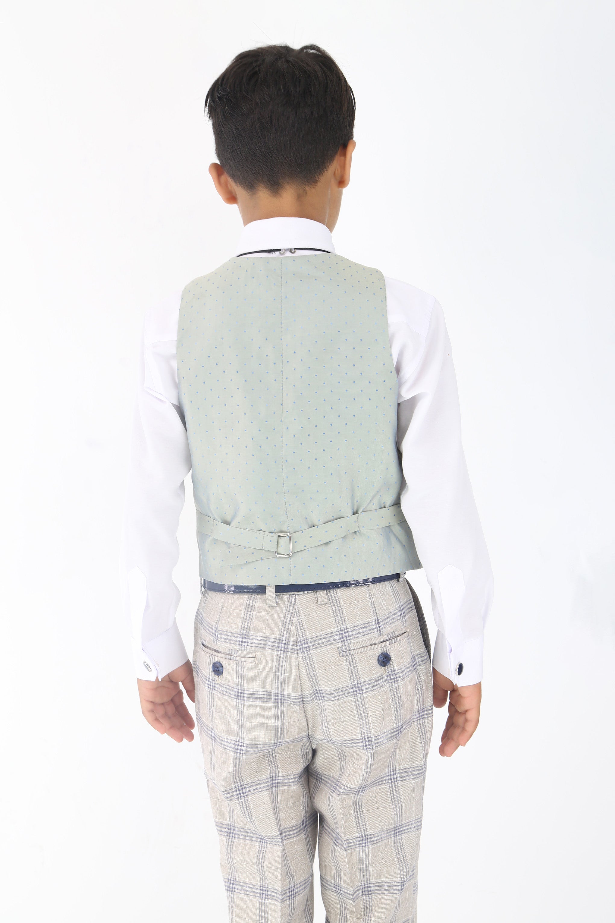 Boys Beige & Blue Plaid Check Suit - Beige - Blue Waistcoat Back Picture